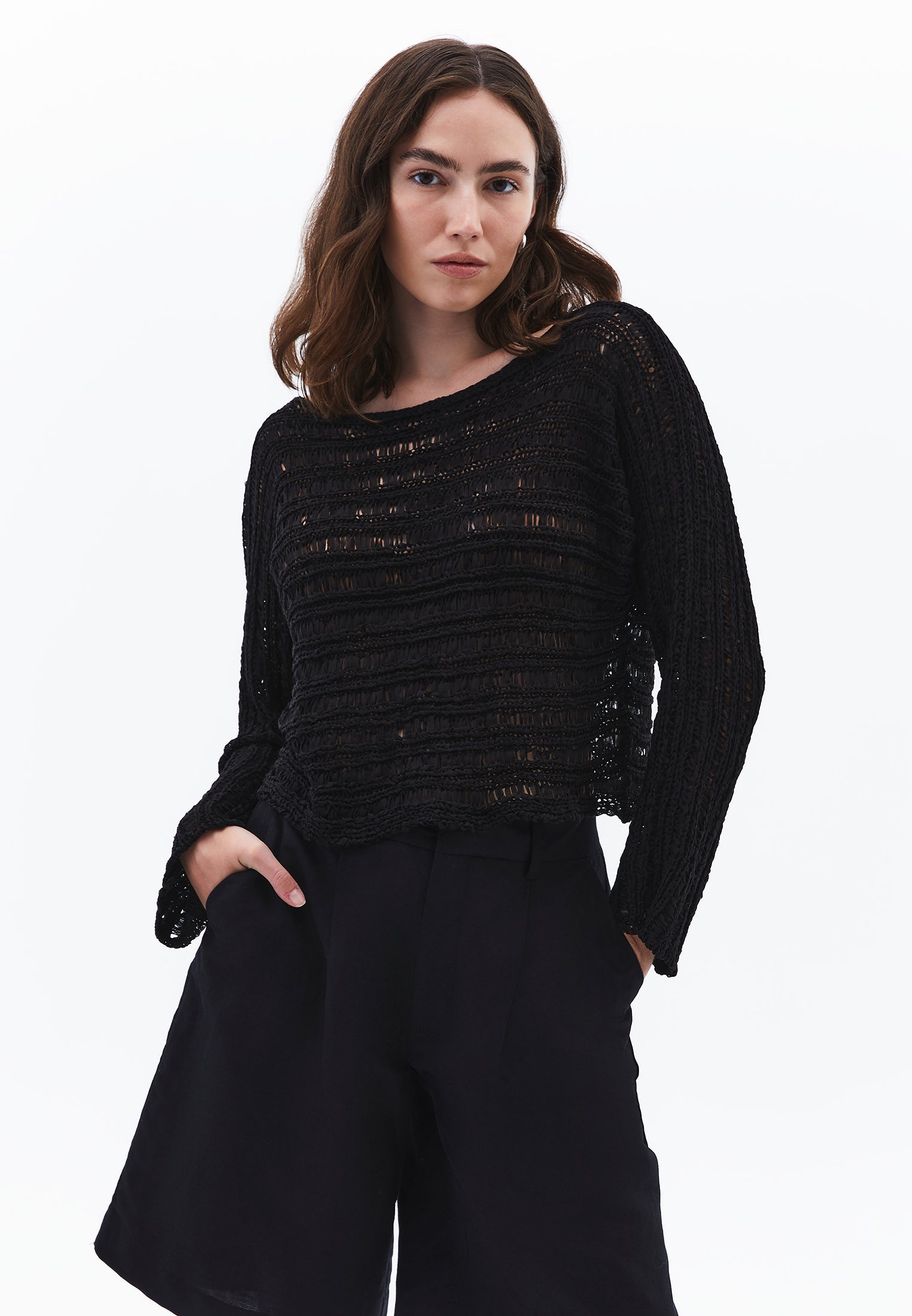 Ajour Standard Boat Neck Knit Sweater - BLACK