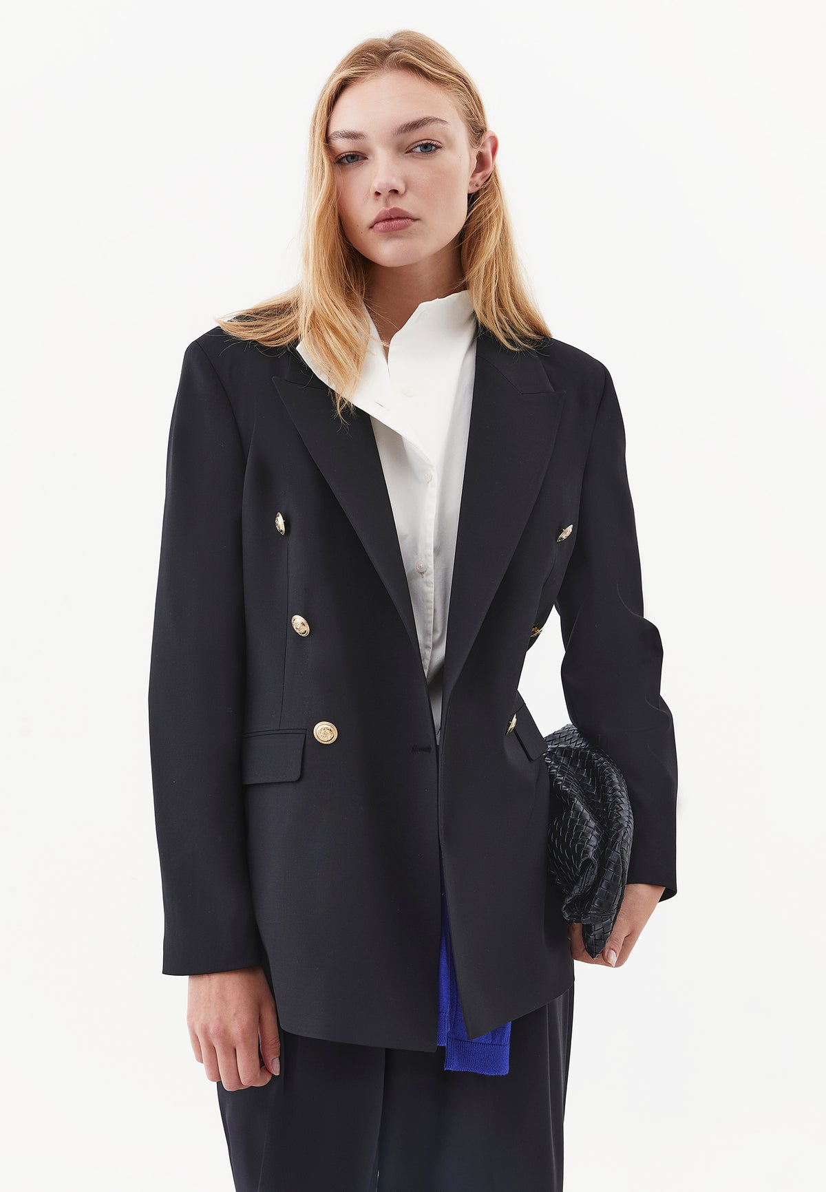 Double-Breasted Blazer Jacket with Button Details - BLACK