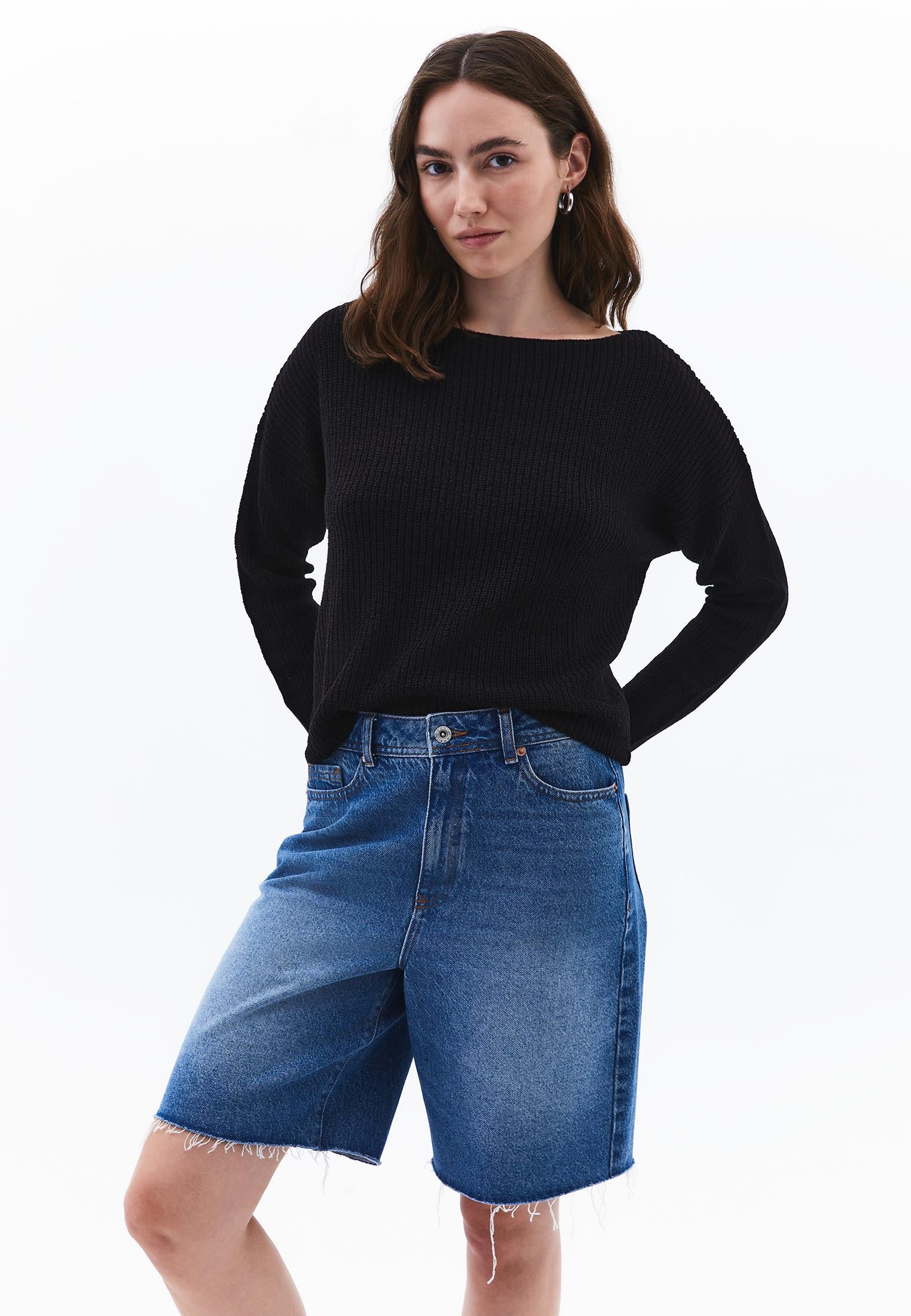 Boat Neck Long Sleeve Sweater - BLACK