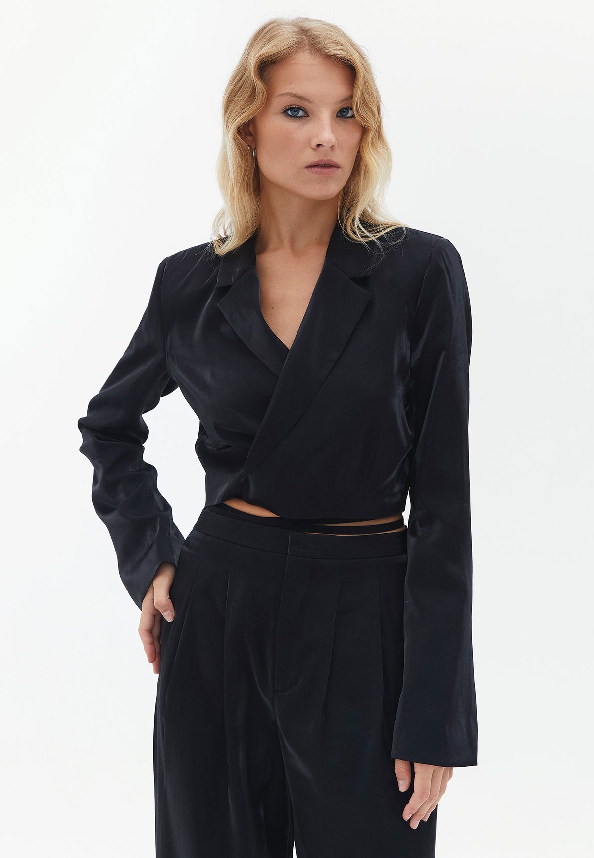 Double Breasted Collar Crop Satin Jacket - BLACK