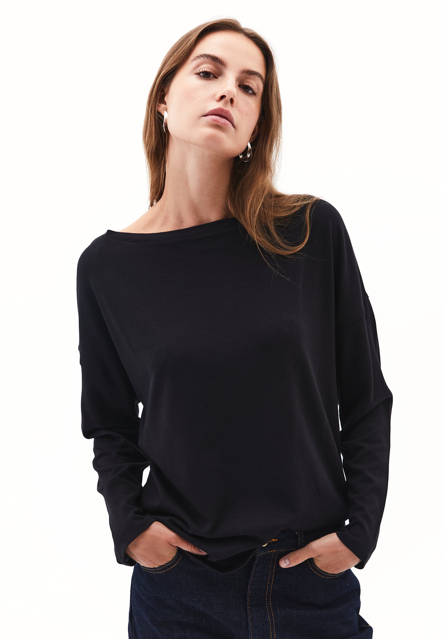 Boat Neck Loose Knit Look Sweater - BLACK