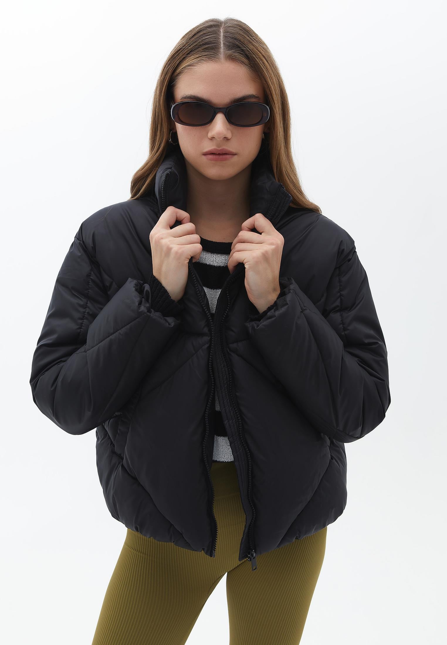 High Neck Long Sleeve Coat - BLACK