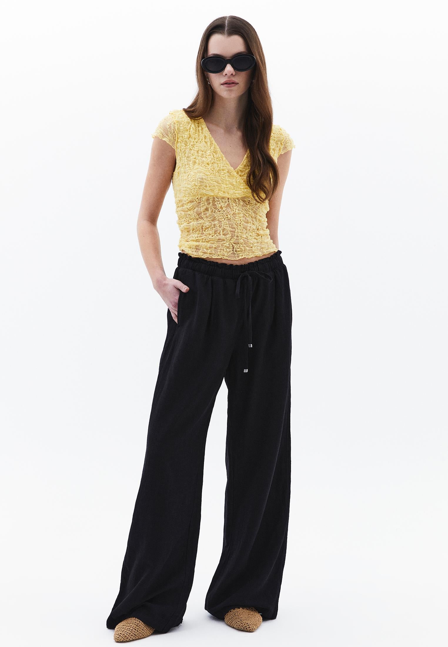 High Waist Wide Leg Pants - BLACK