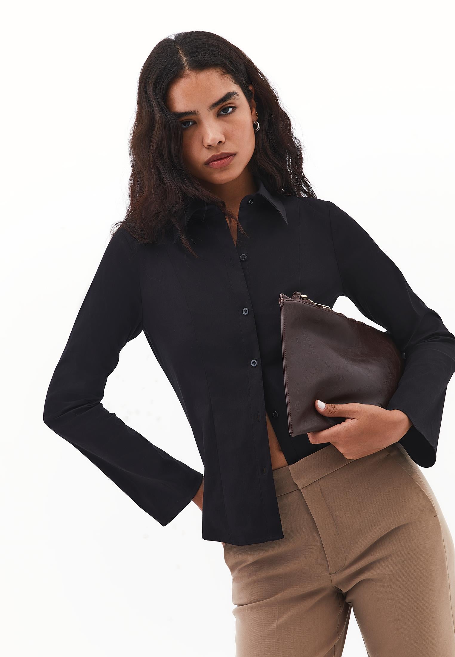 Long Sleeved Slim Shirt - BLACK