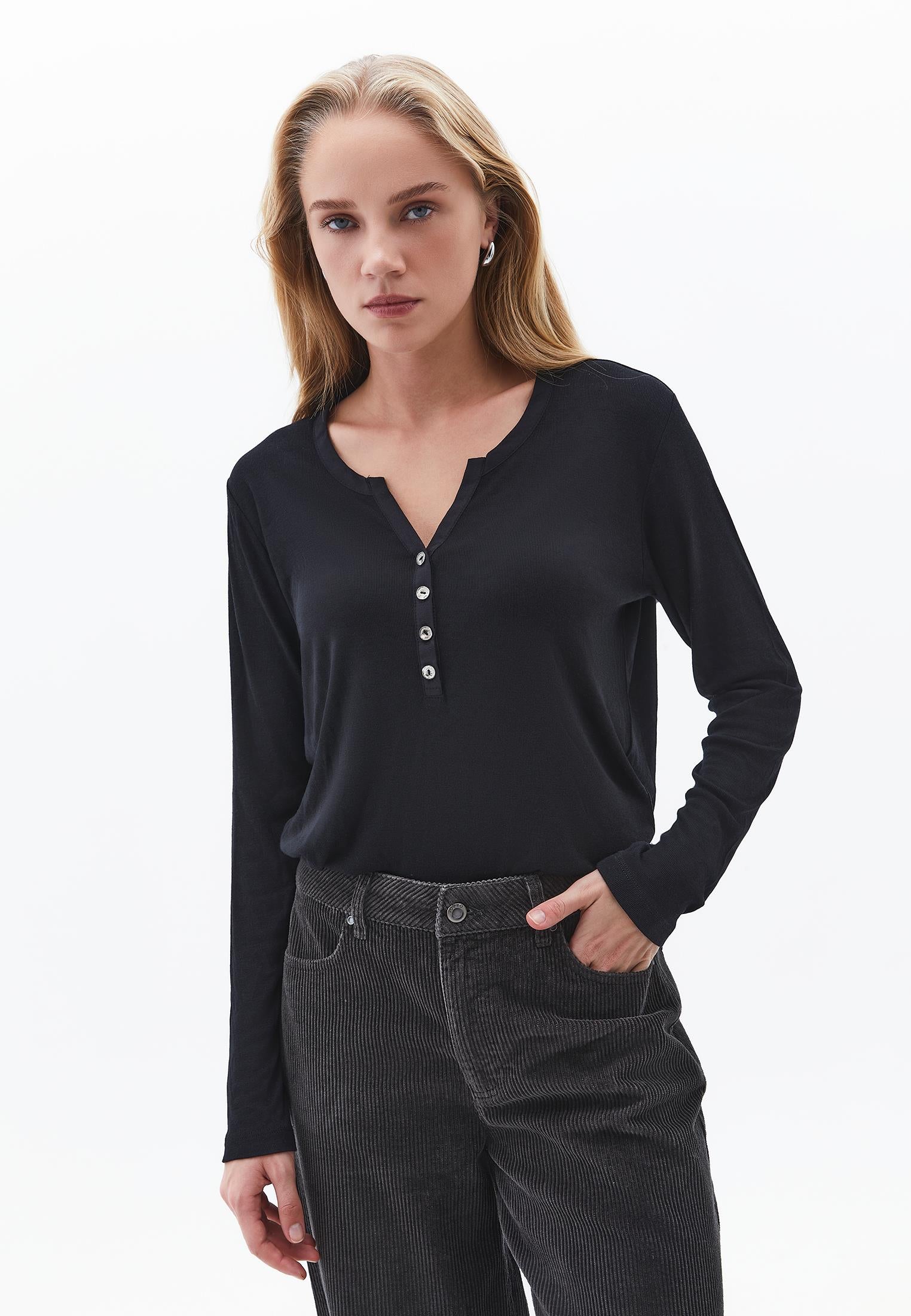 Polo Collar Buttoned T-Shirt - BLACK