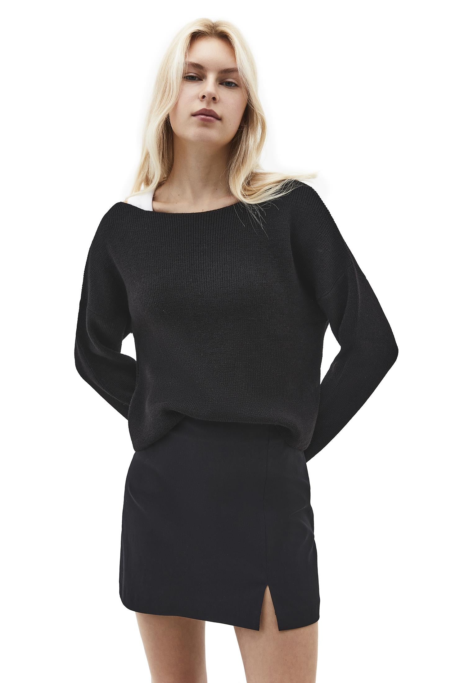 Boat Neck Long Sleeve Sweater - BLACK