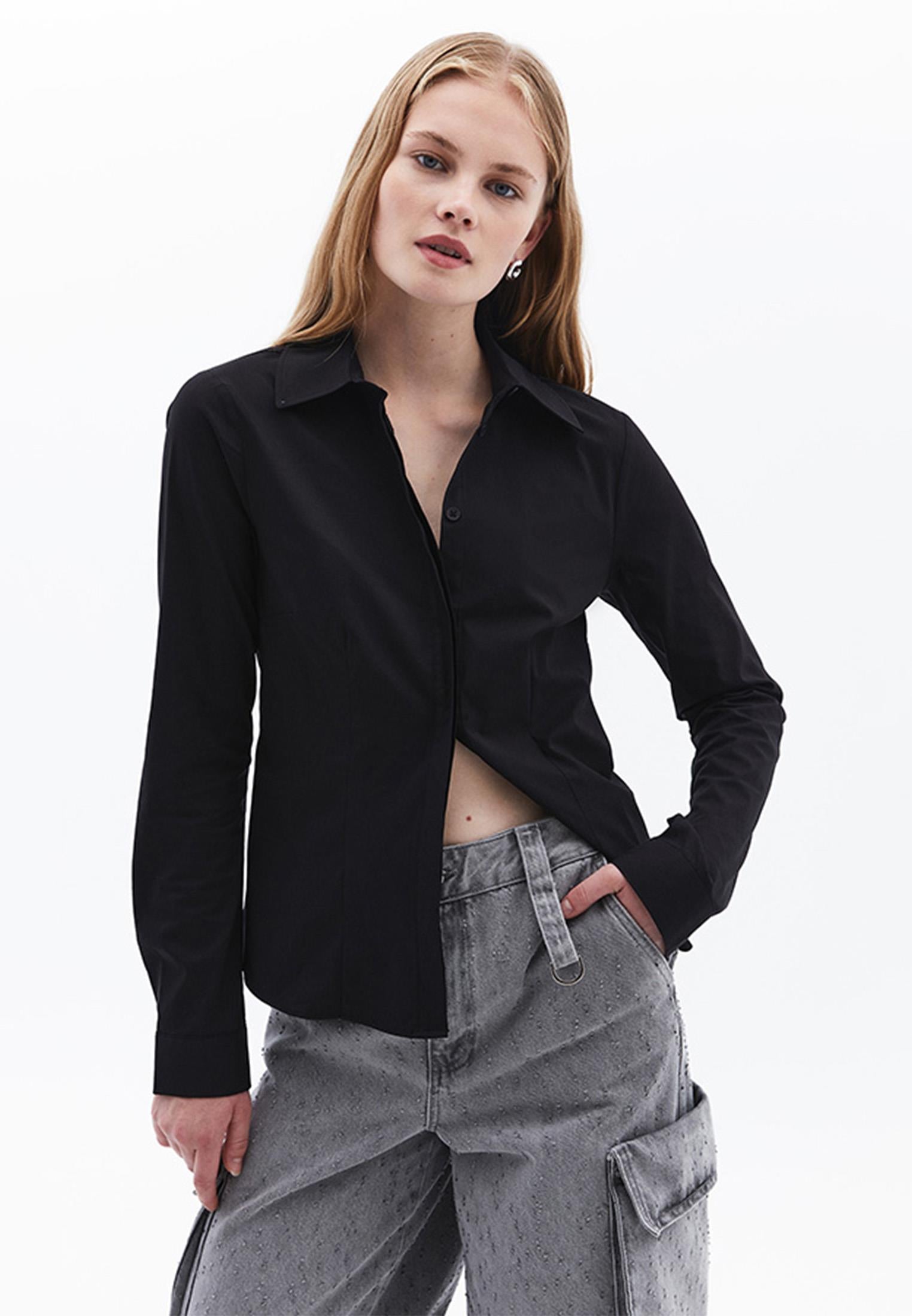 Woven Standard Long Sleeve Shirt - BLACK