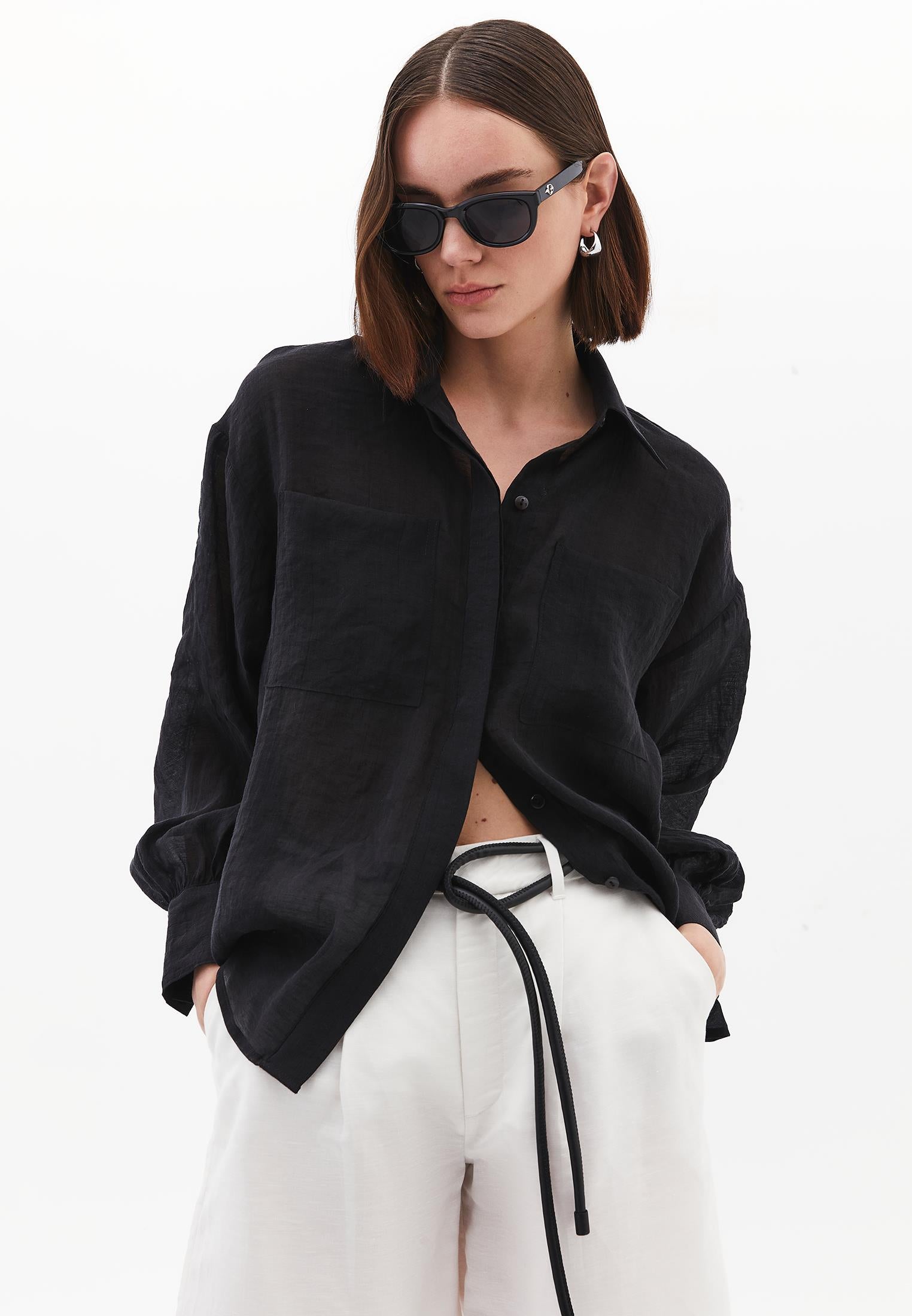 Loose Fit Long Sleeve Buttoned Shirt - BLACK