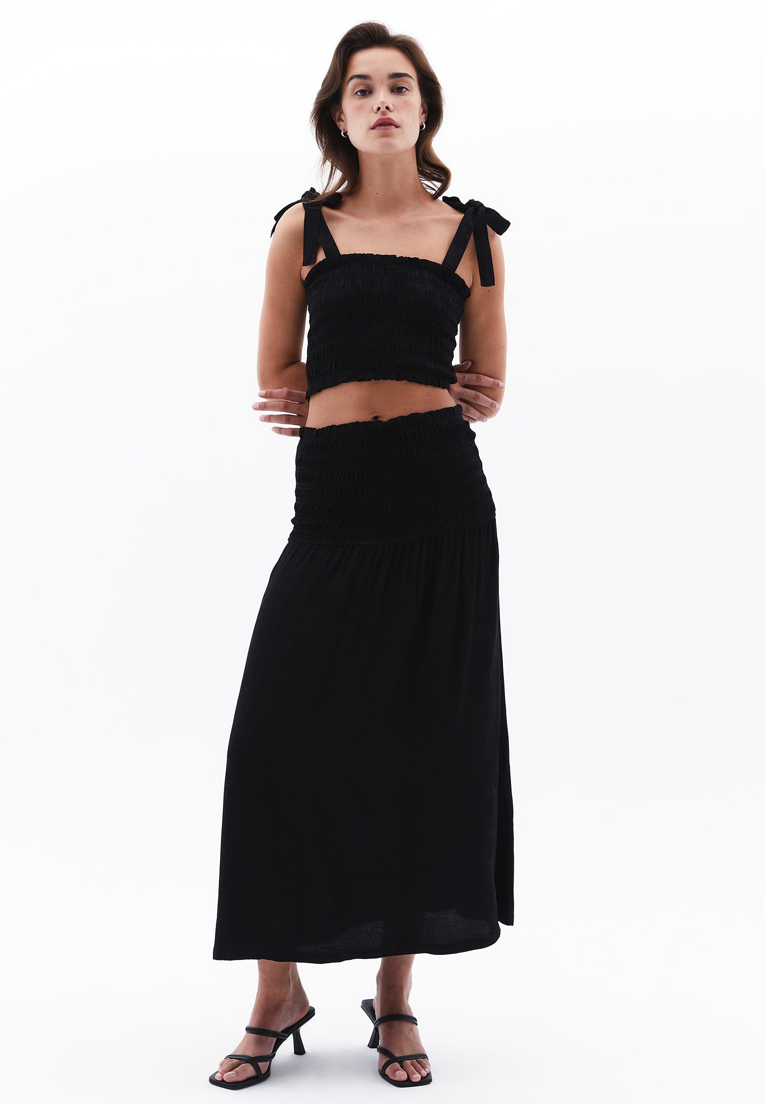 Flared Long High Waist Woven Skirt With Shirred Waist - BLACK
