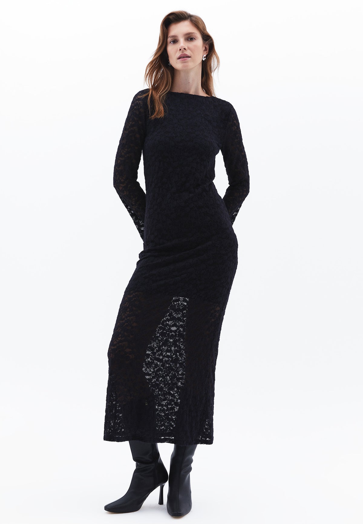 Boat Neck Long Dress - BLACK