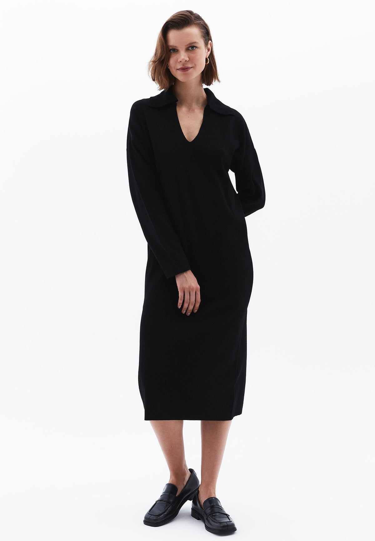 Comfortable Long Polo Collar Dress - BLACK