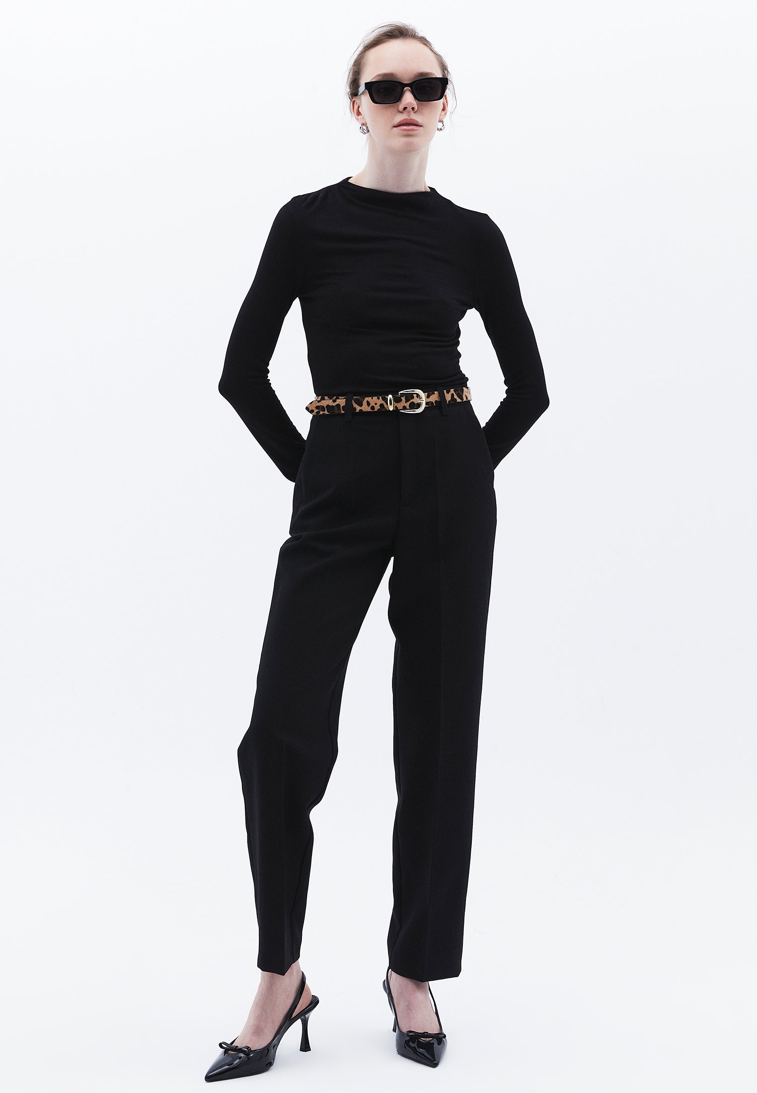 High Waist Long Slim Pants - BLACK