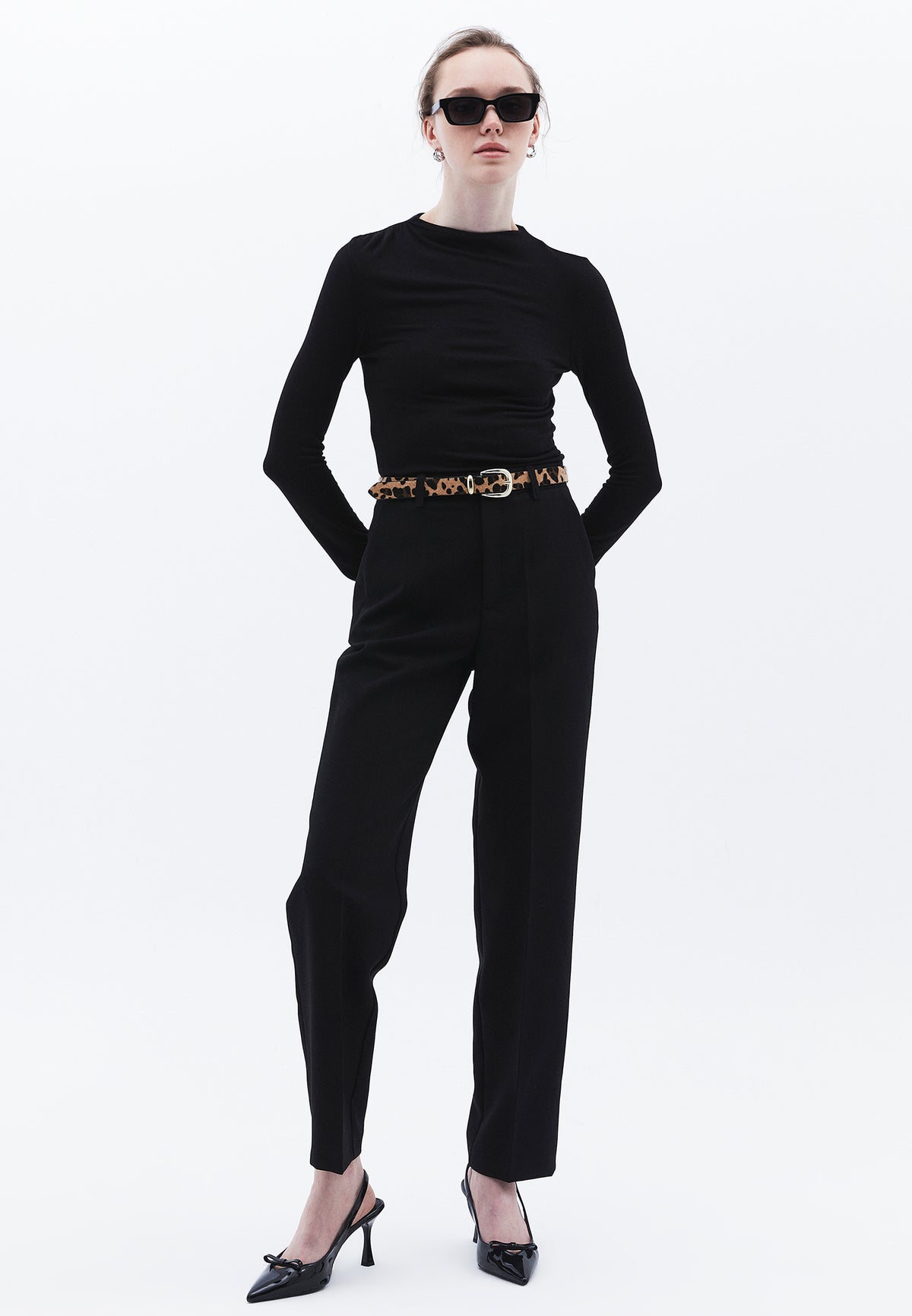 High Waist Long Slim Pants - BLACK