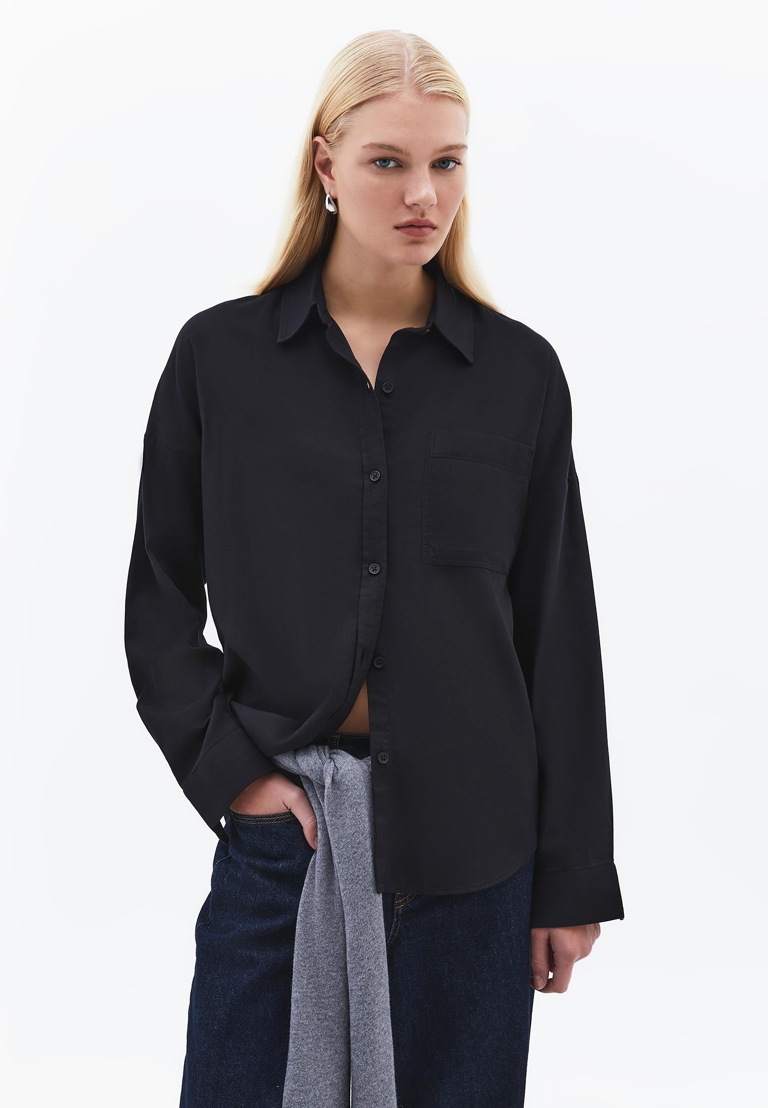 Oversize Long Sleeve Shirt With Pocket Detail - BLACK