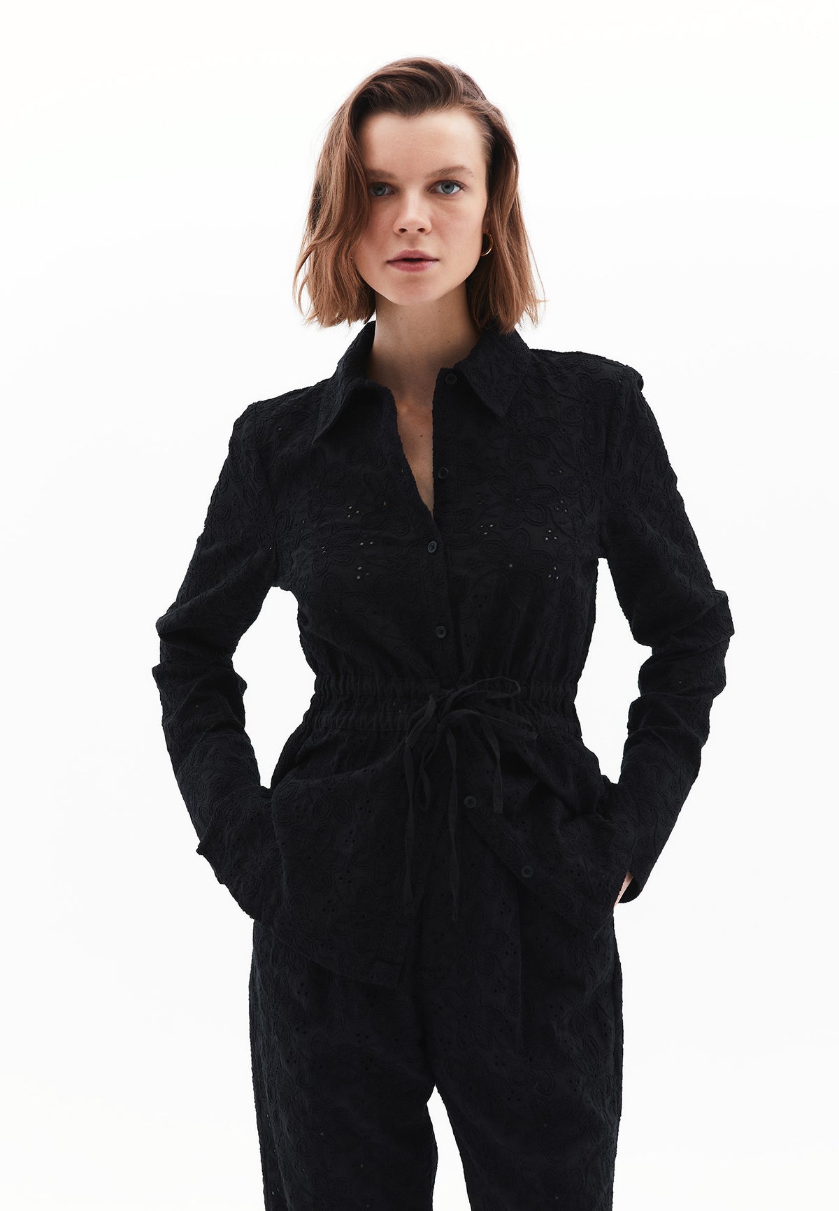 Embroidered And Shirred Long Sleeve Shirt - BLACK
