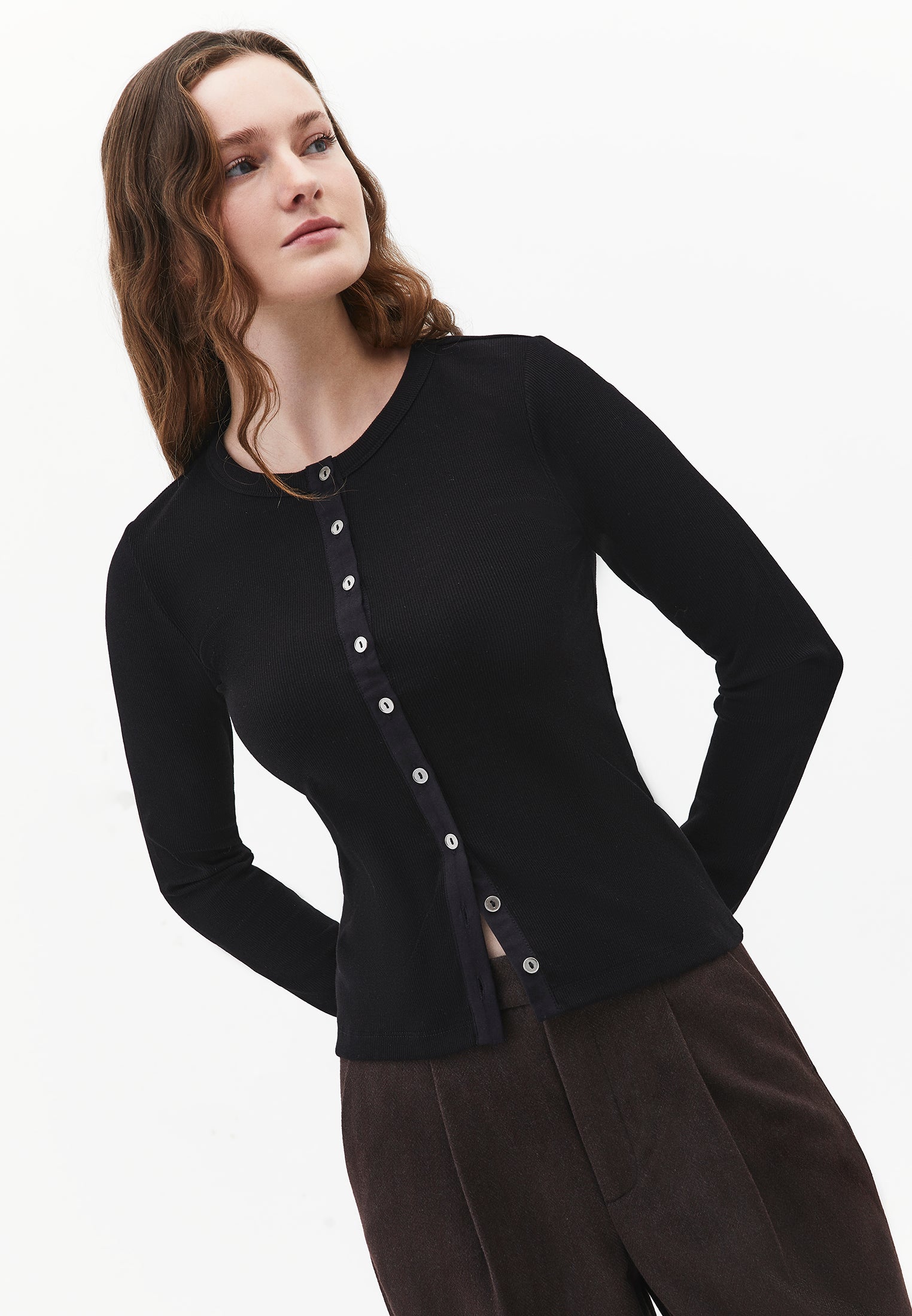 Button Detailed Crew Neck Long Sleeve T-Shirt - BLACK