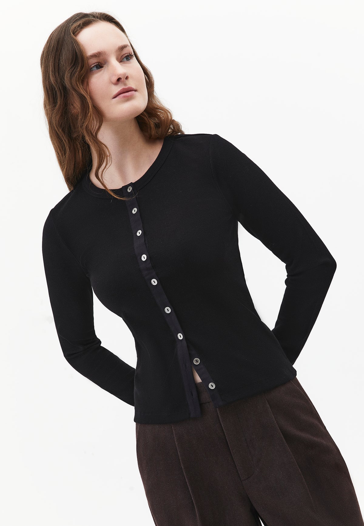 Button Detailed Crew Neck Long Sleeve T-Shirt - BLACK