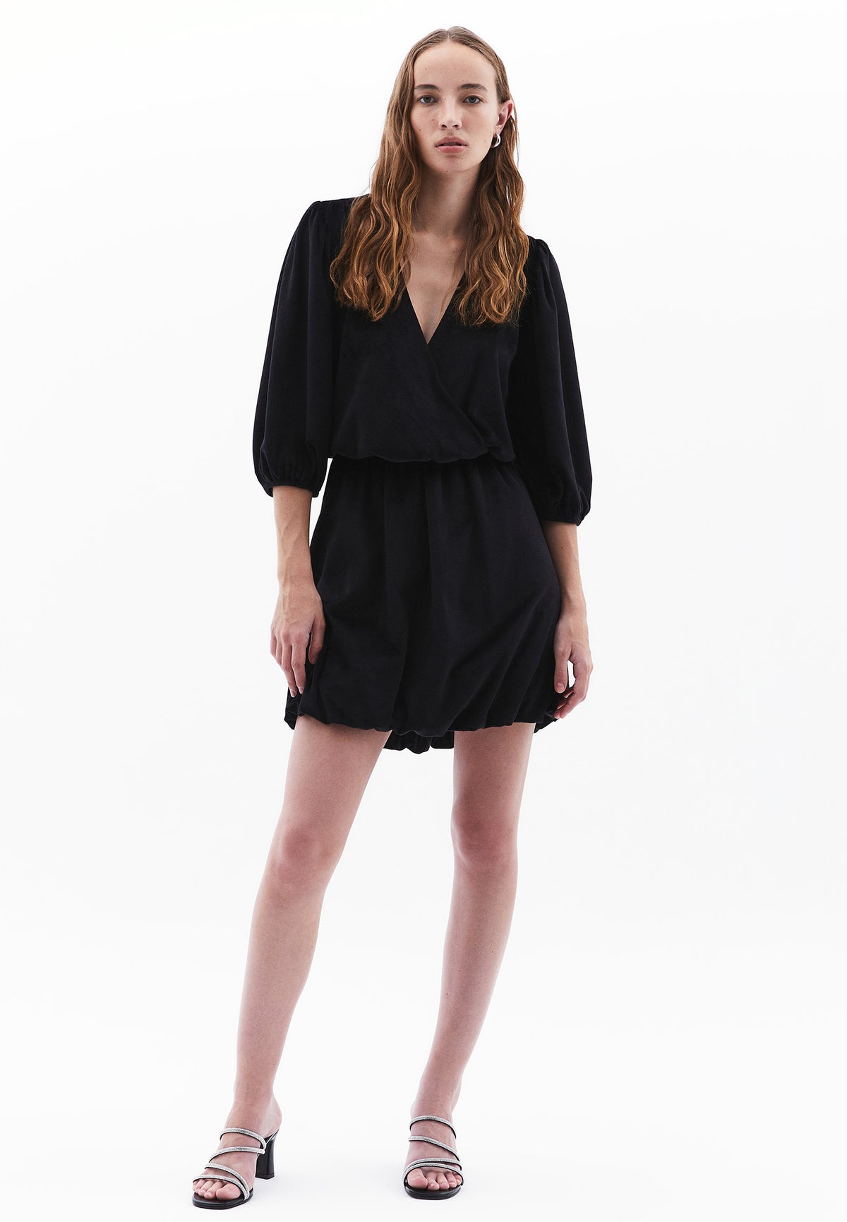 Deep V Neck Balloon Sleeve Short Dress - BLACK
