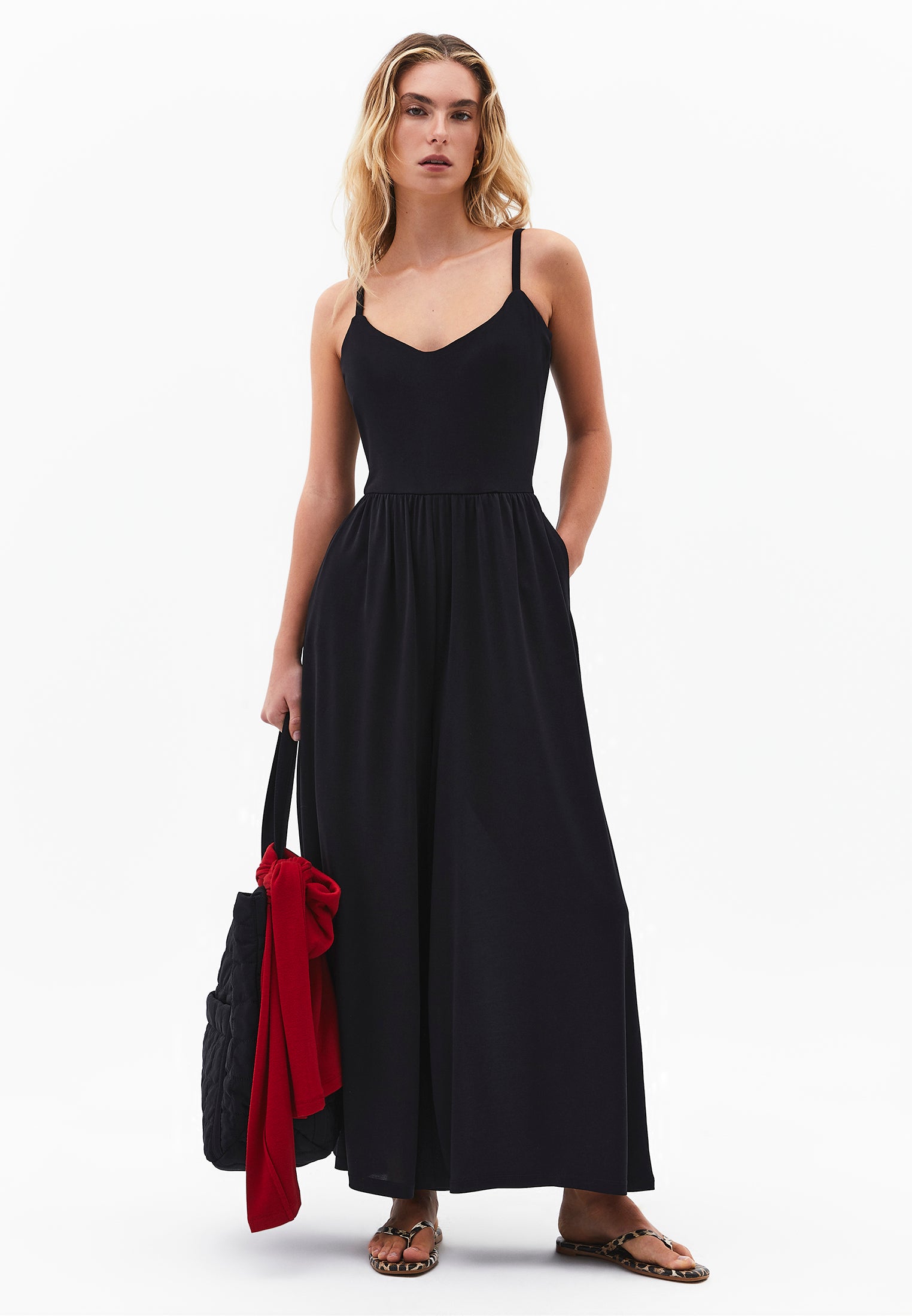 V Neck Long Jumpsuit - BLACK