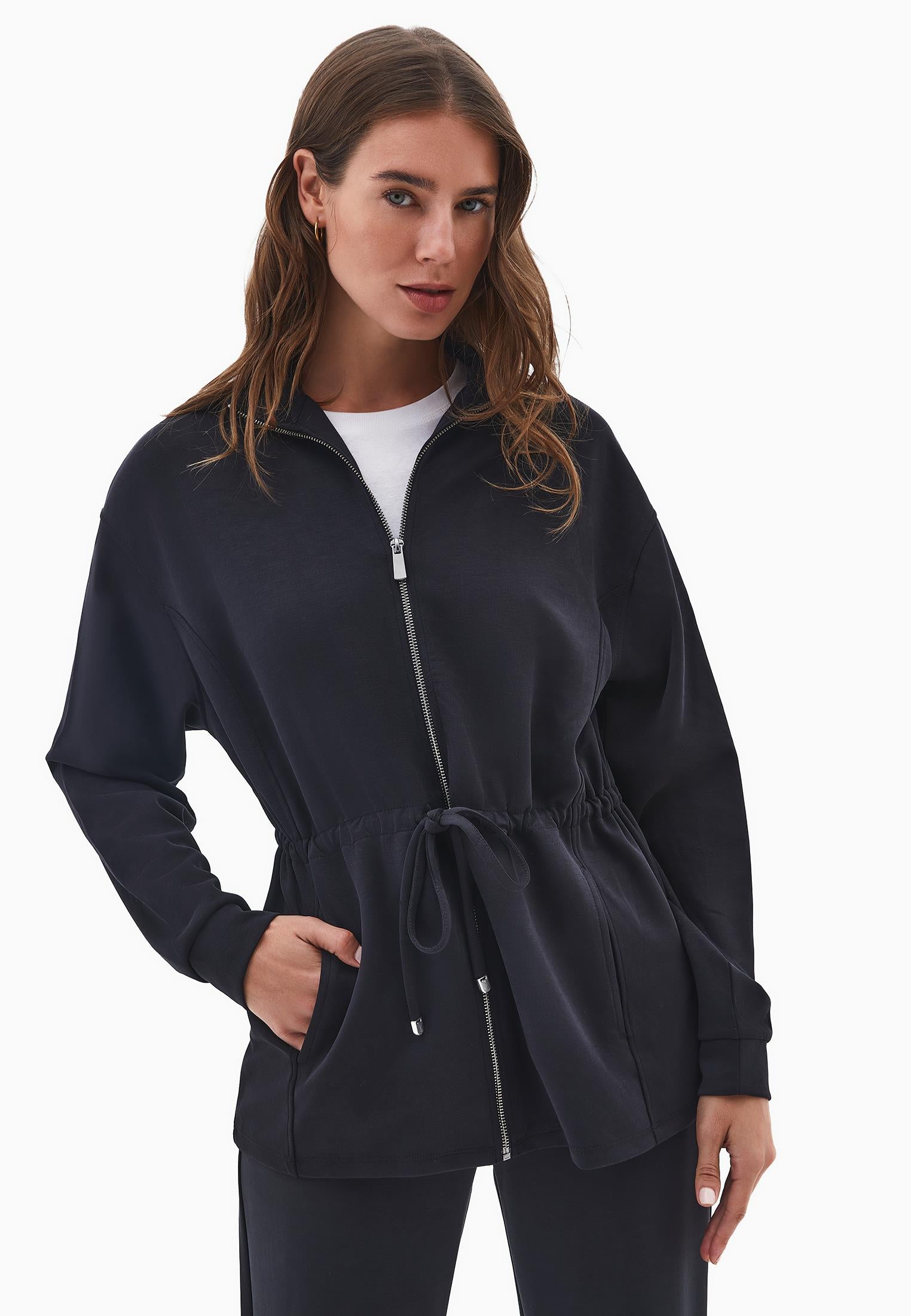 High Neck Zipper Detailed Long Sleeve Sweatshirt Tunic - BLACK