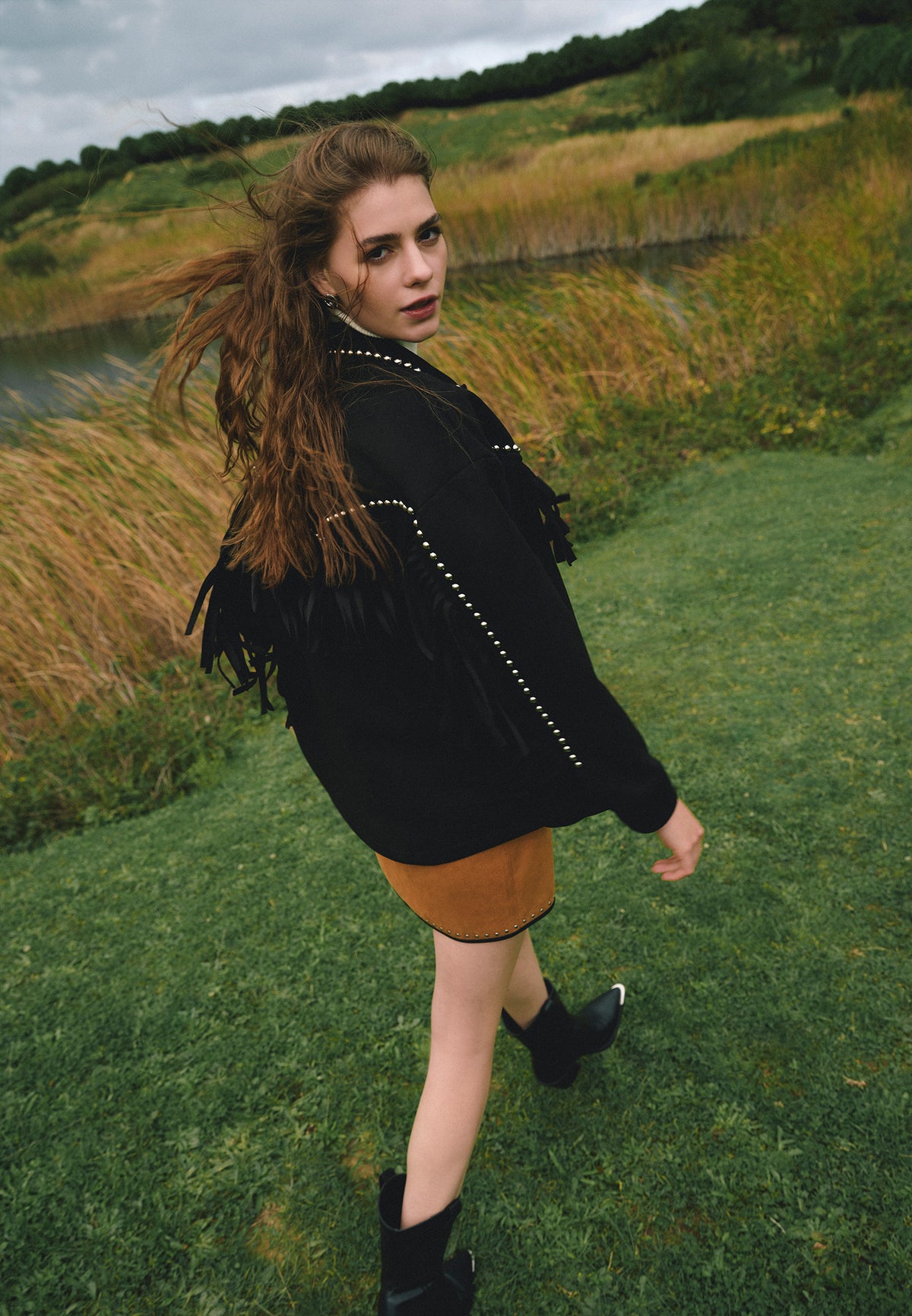 Shirt Collar Jacket With Fringe Detail - BLACK