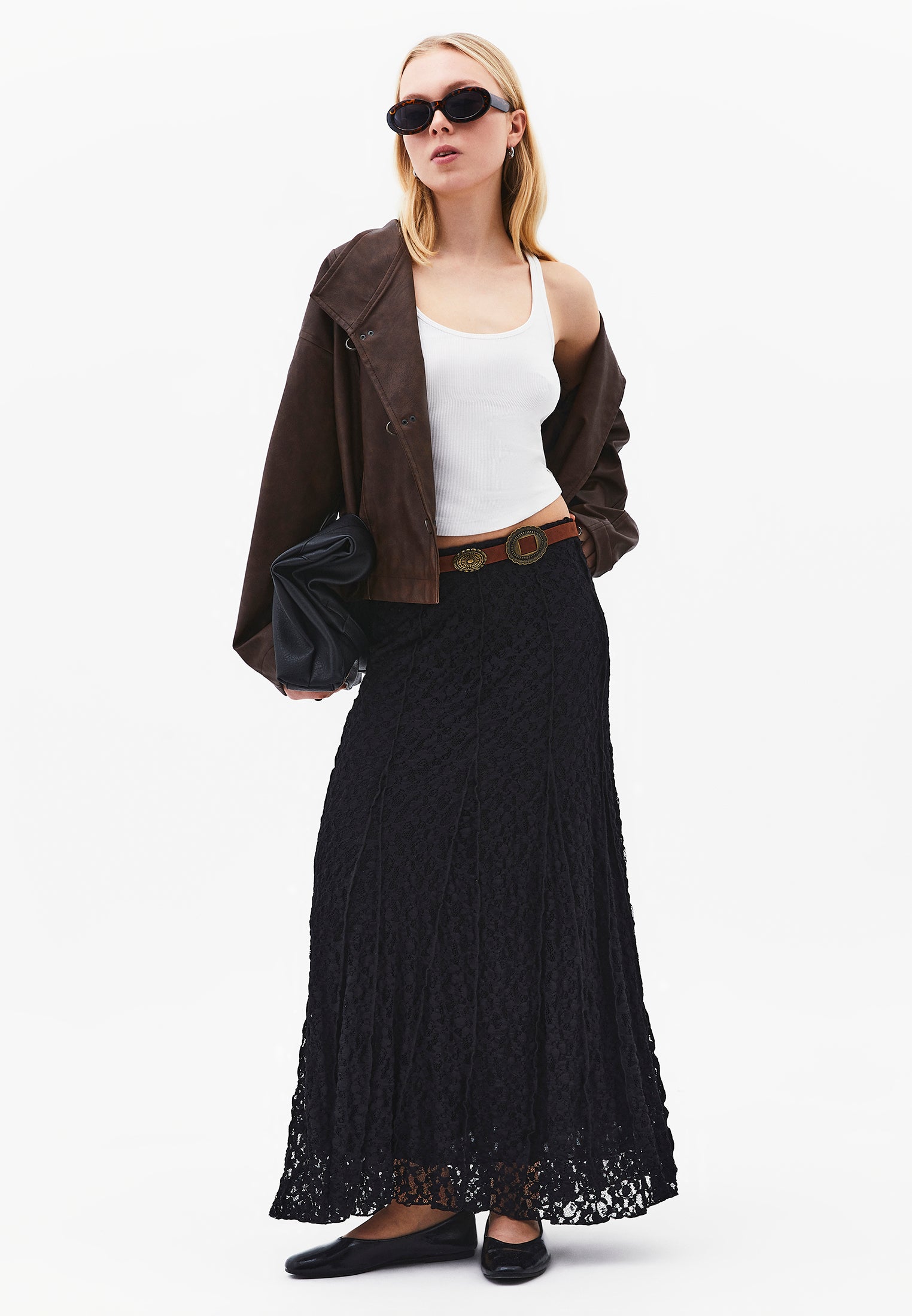 High Waist Flared Long Skirt - BLACK