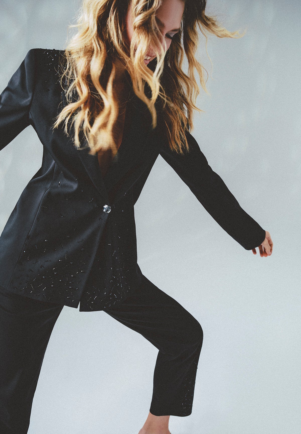 Shawl Collar Woven Blazer - BLACK