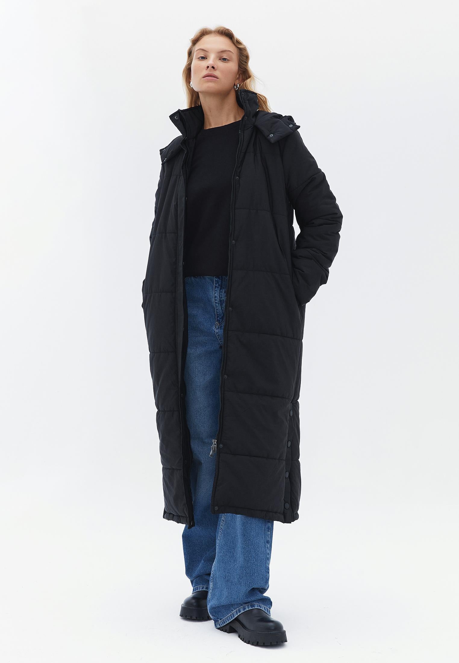 Long Loose Fit Buttoned Coat - BLACK