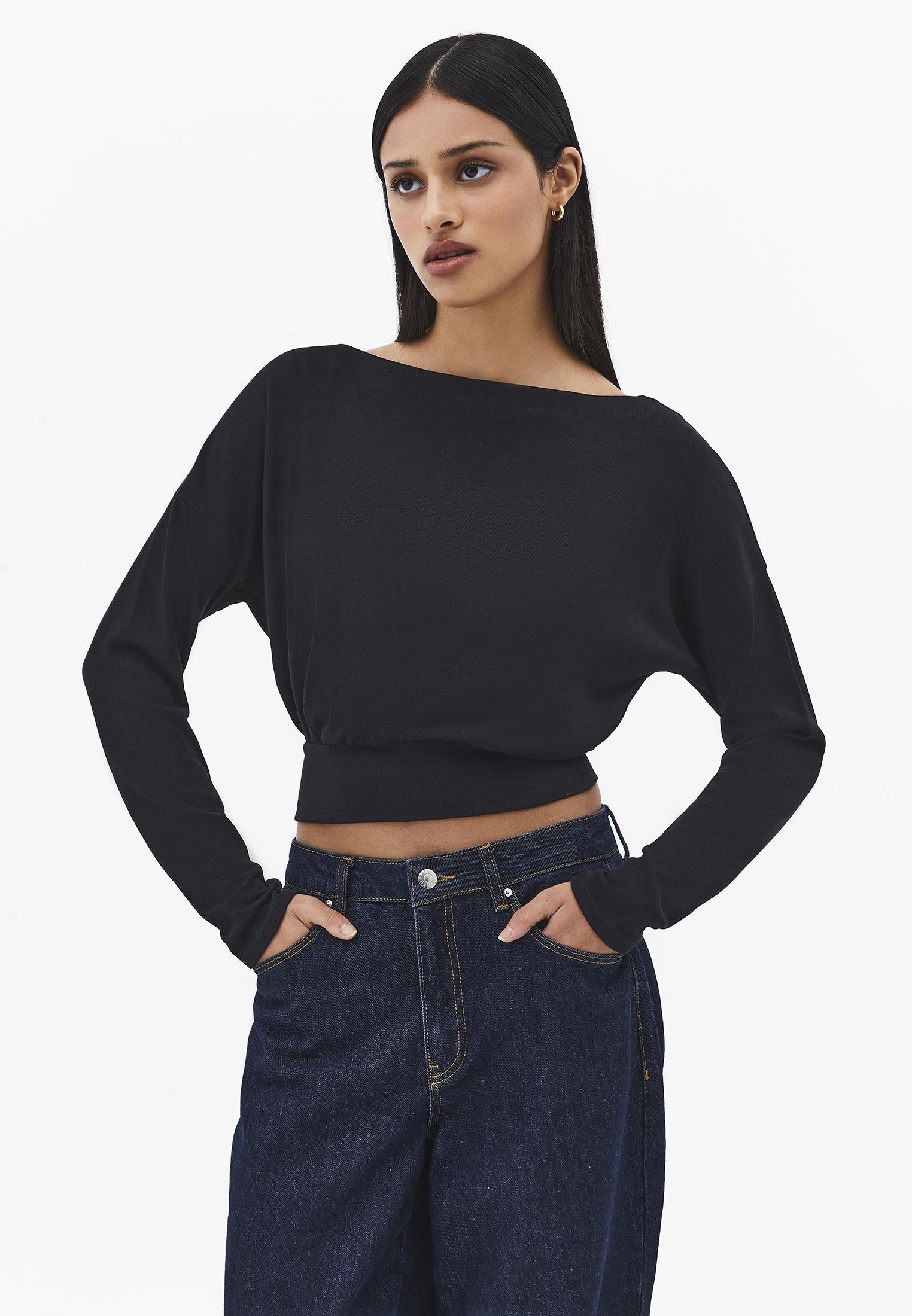 Boat Neck Long Sleeve Sweater - BLACK