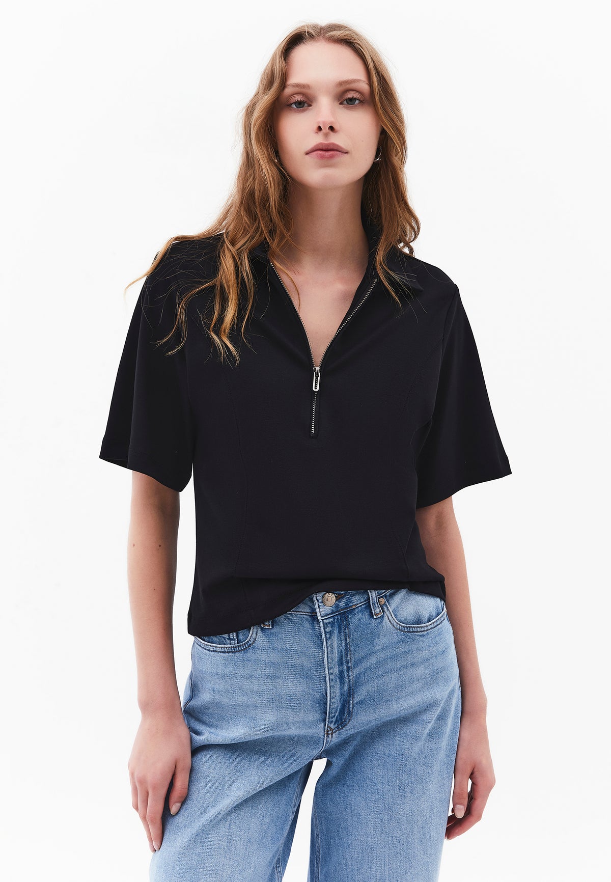 Polo Collar Zip Detailed T-Shirt - BLACK