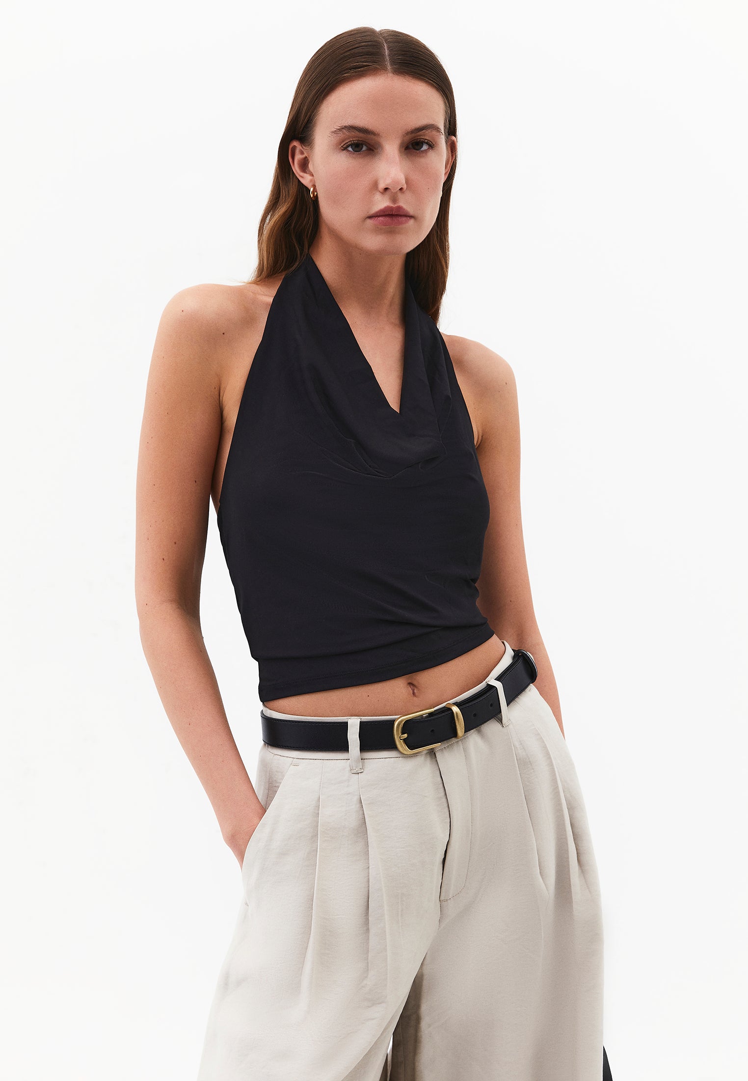 Cowl Neck Bodycon Sleeveless Blouse - BLACK