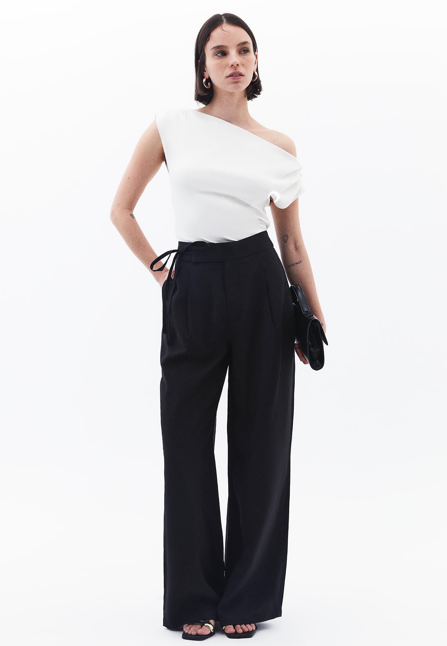 Ultra High Waist Belted Straight Leg Pants - BLACK