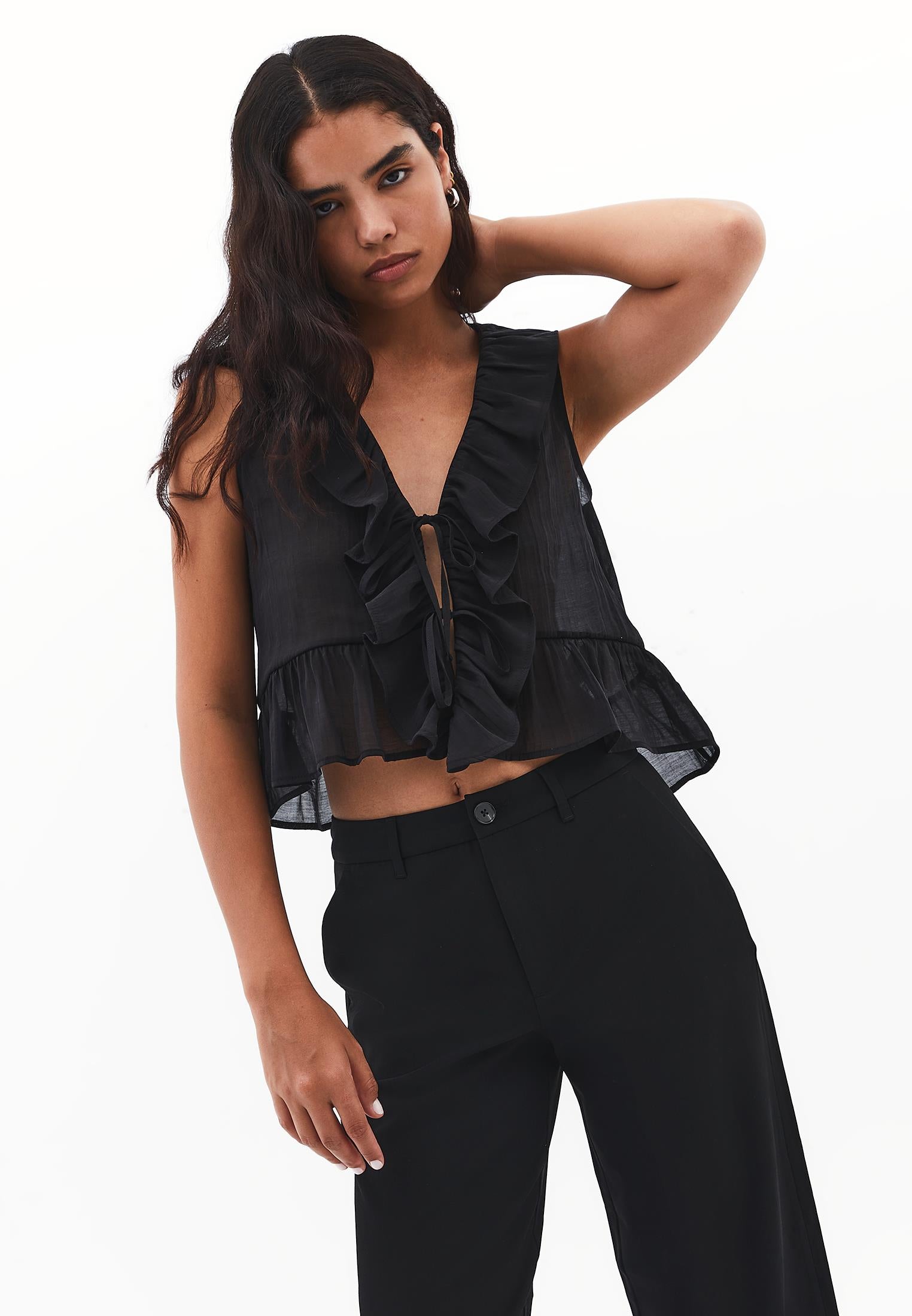 V-Neck Frilled Blouse - BLACK