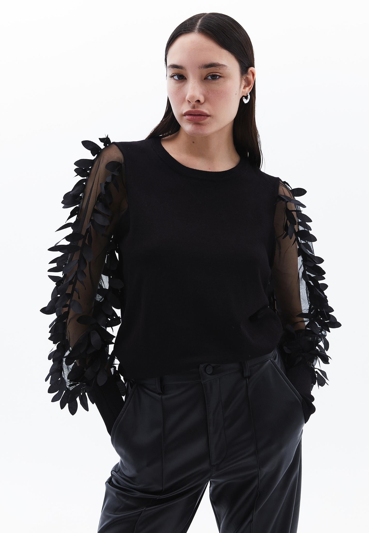 Transparent Crew Neck Standard Knit Sweater - BLACK