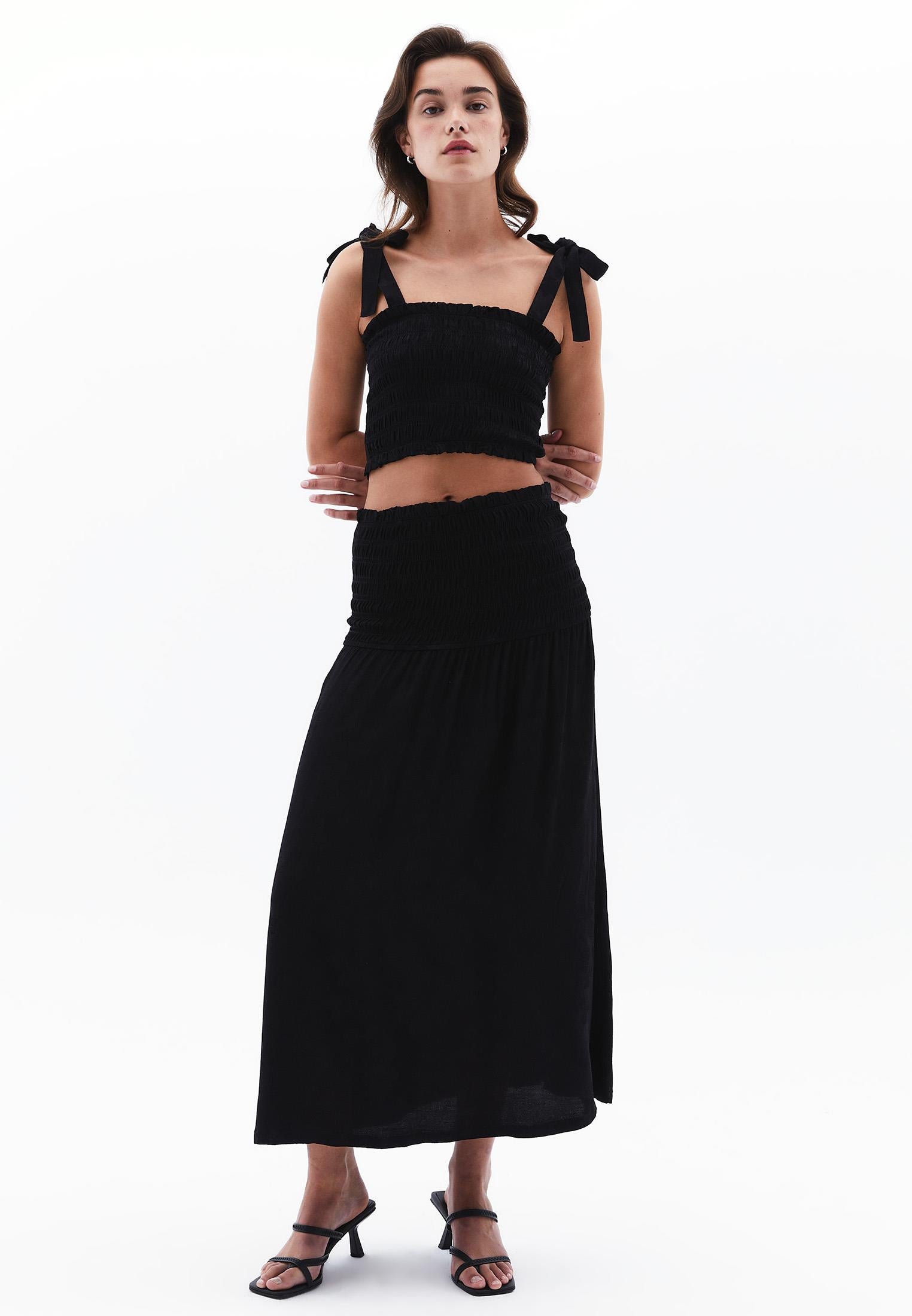 Flared Long High Waist Woven Skirt With Shirred Waist - BLACK