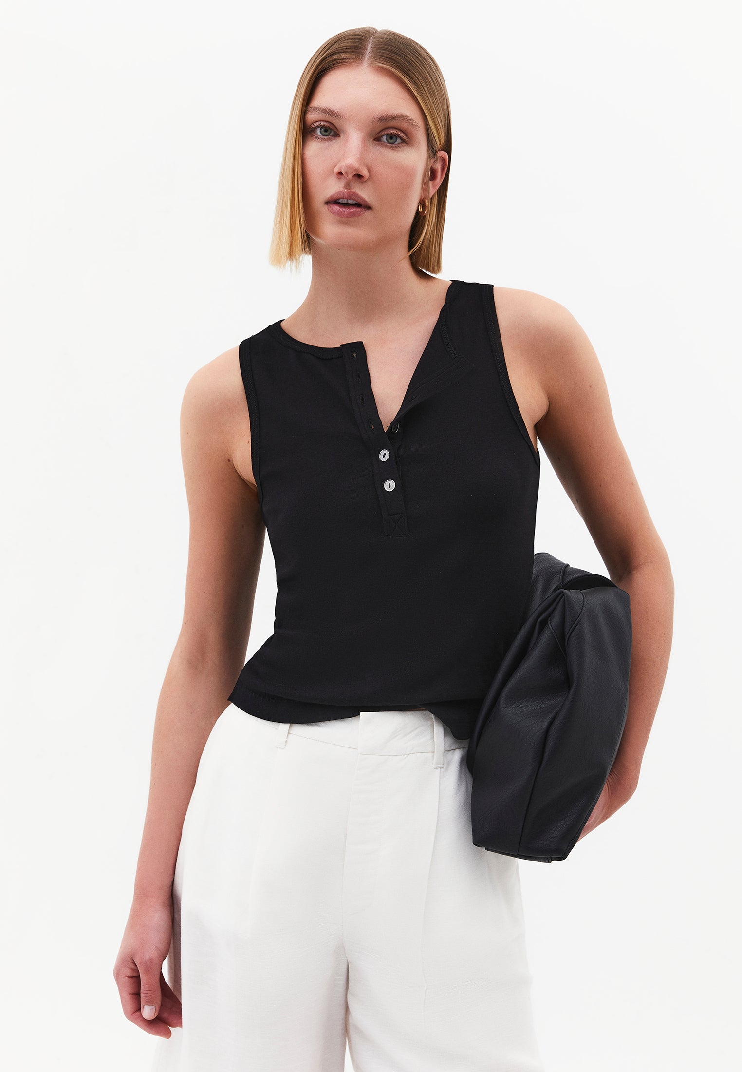 Crew Neck Button Detailed Tank Top - BLACK