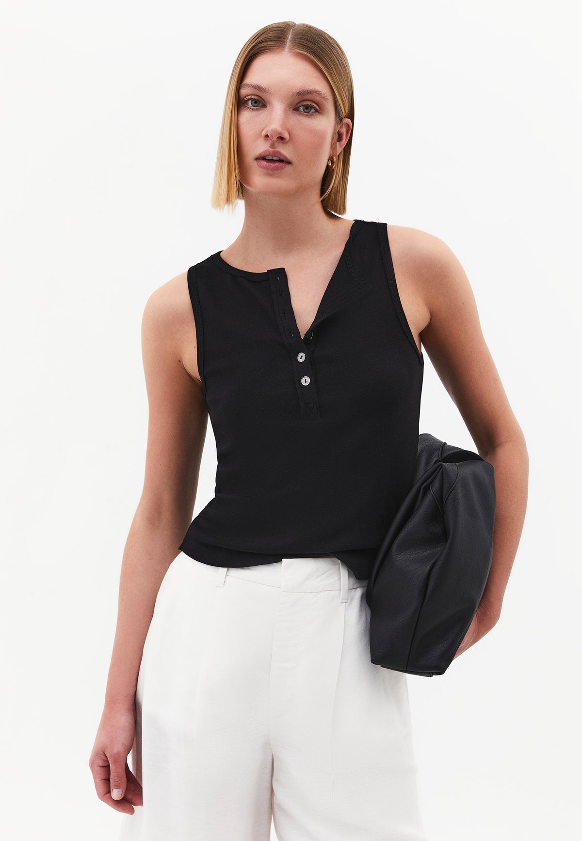 Crew Neck Button Detailed Tank Top - BLACK