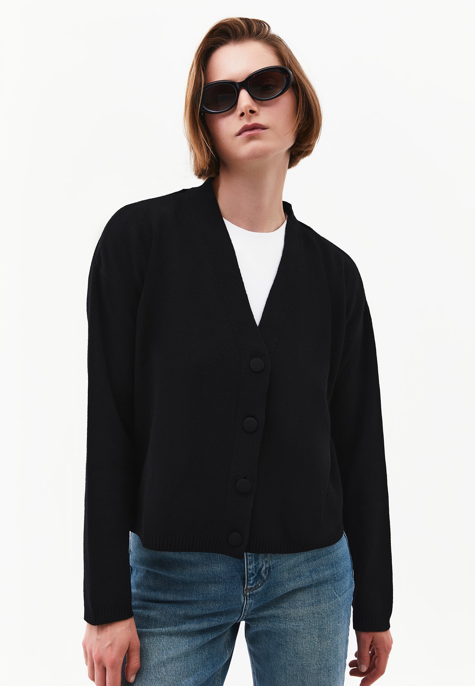 V-Neck Long Sleeve Cardigan - BLACK
