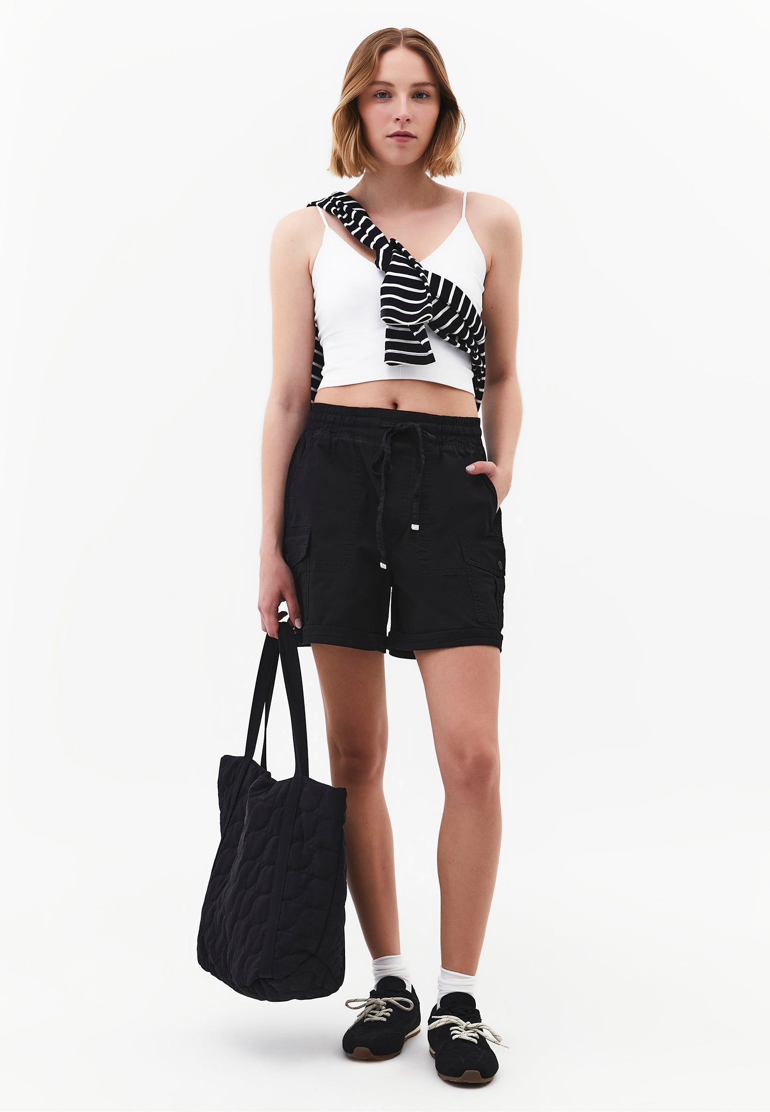 Ultra High Waist Shorts With Elastic Waist, Tie Belt And Pockets - BLACK