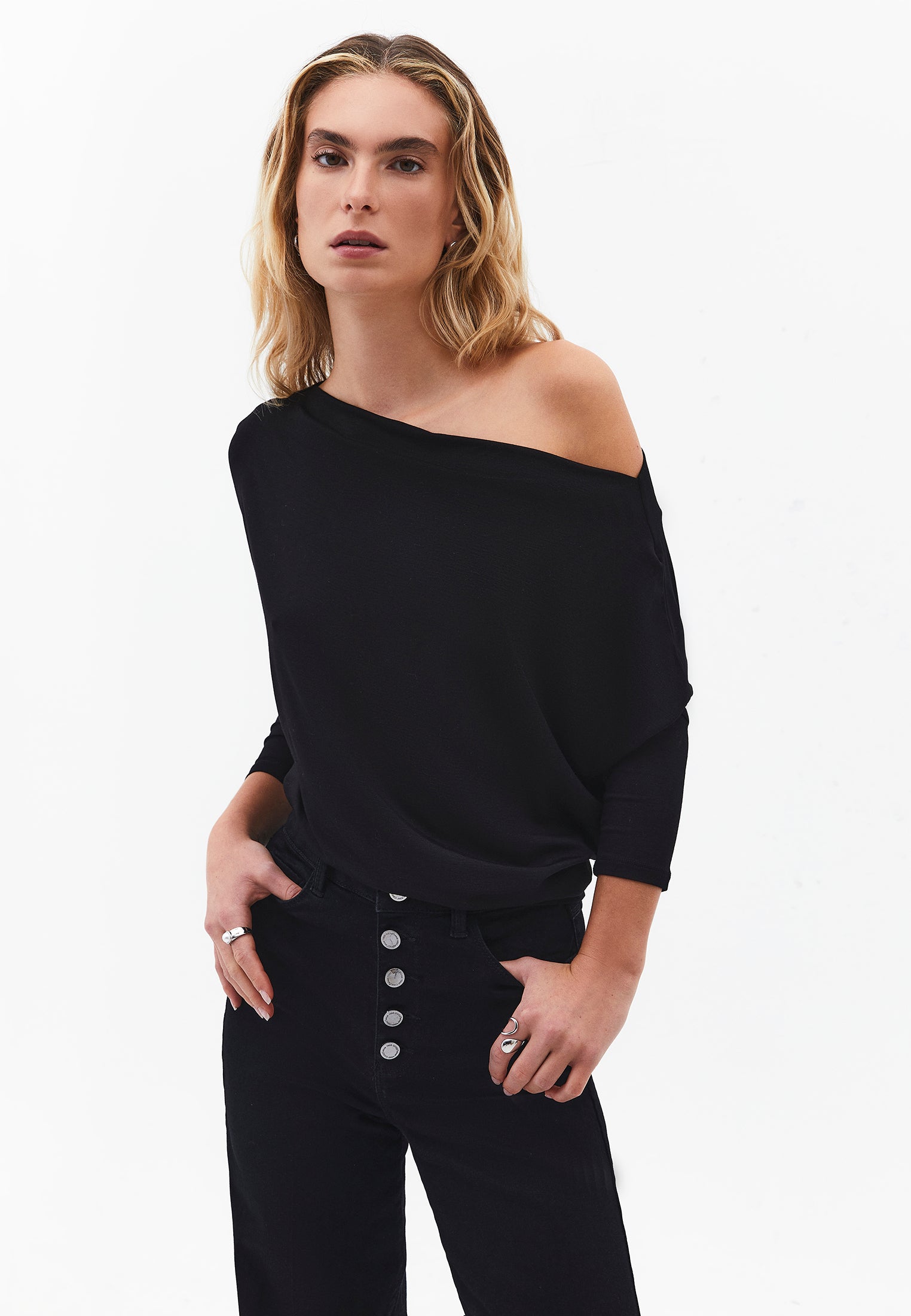 Asymmetric Neck Batwing Sleeve T-Shirt - BLACK