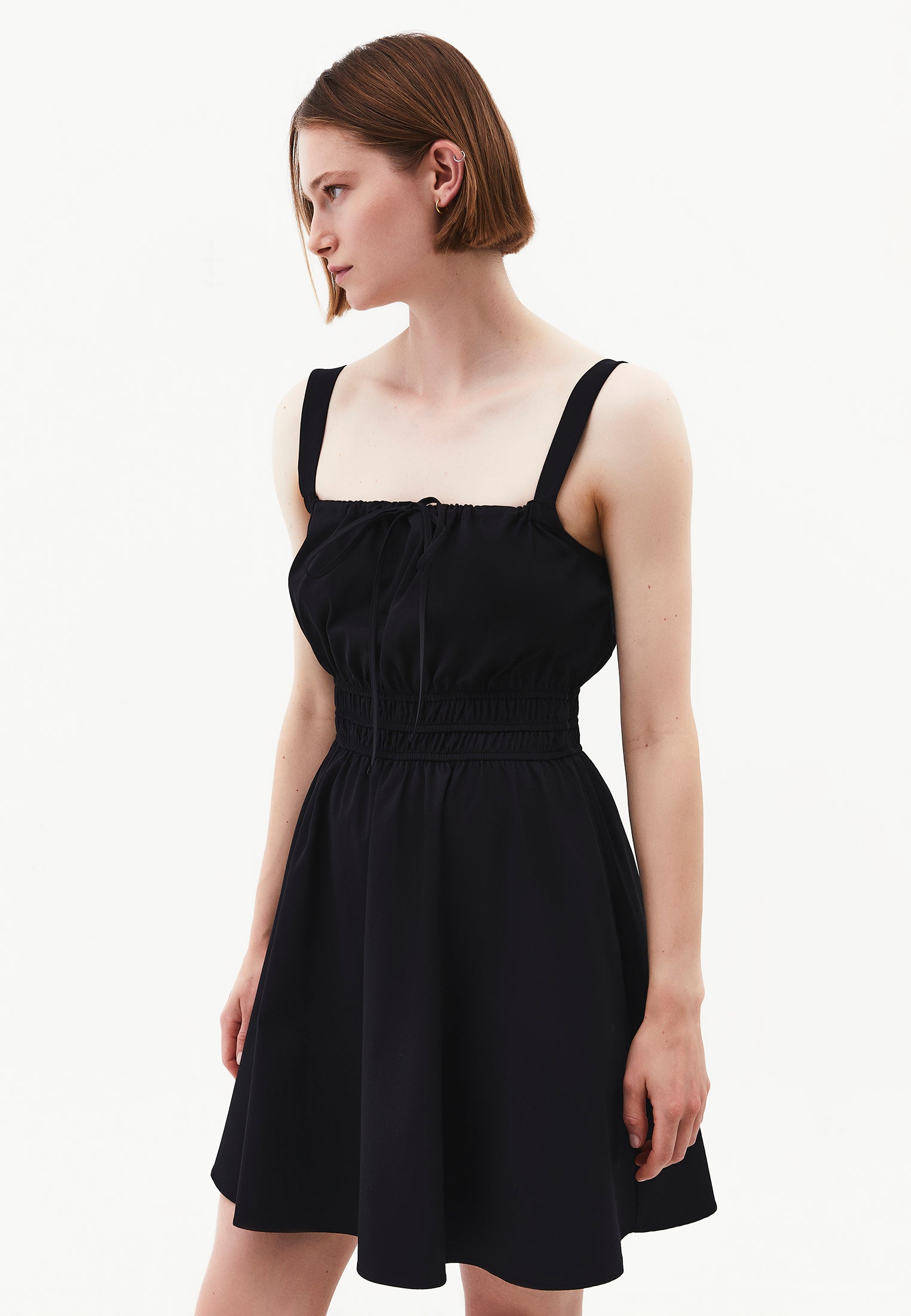 Strappy Square Neckline Short Dress With Bow And Gathered Details - BLACK