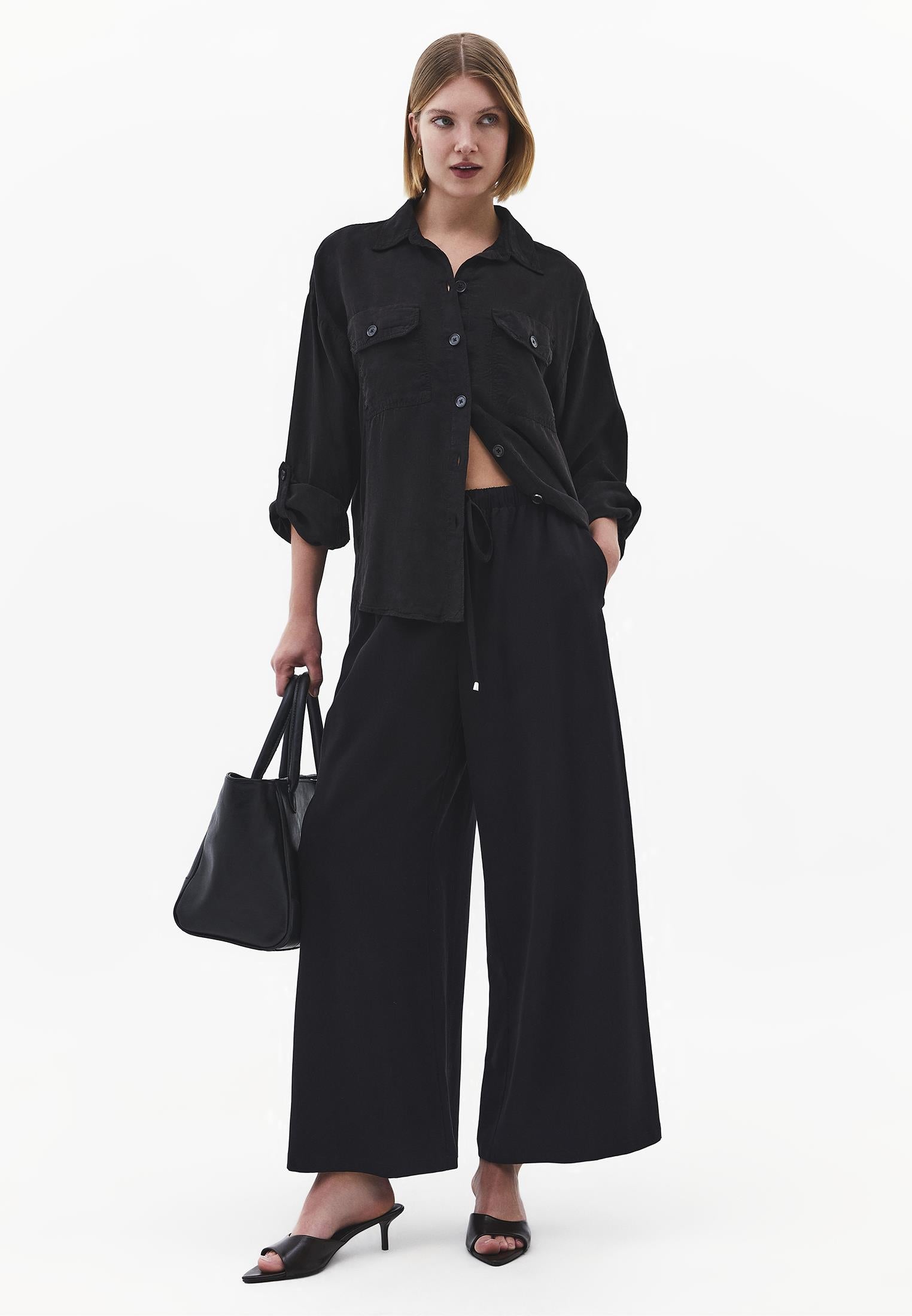 Wide Leg High Waist Elastic Pants - BLACK