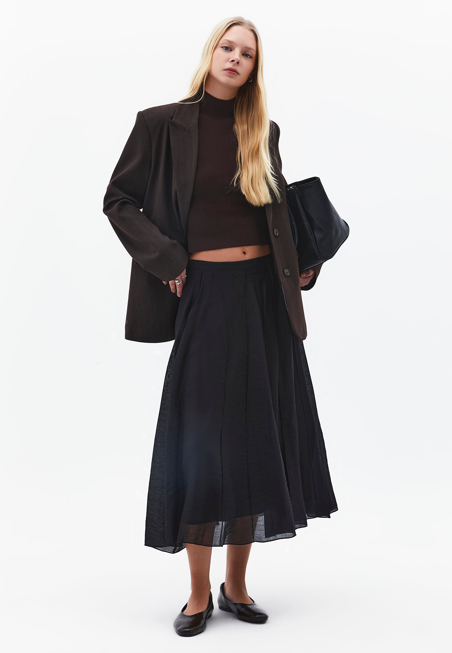 High Waist Flared Midi Skirt - BLACK