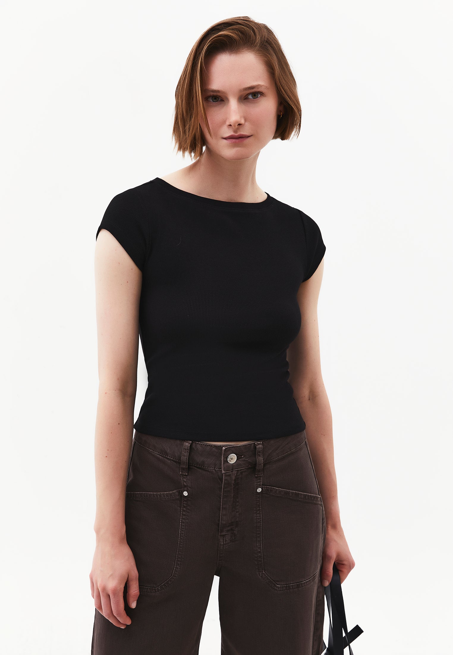 Boat Neck Short Sleeve T-Shirt - BLACK