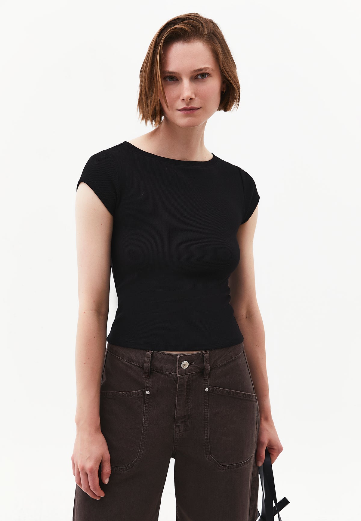 Boat Neck Short Sleeve T-Shirt - BLACK