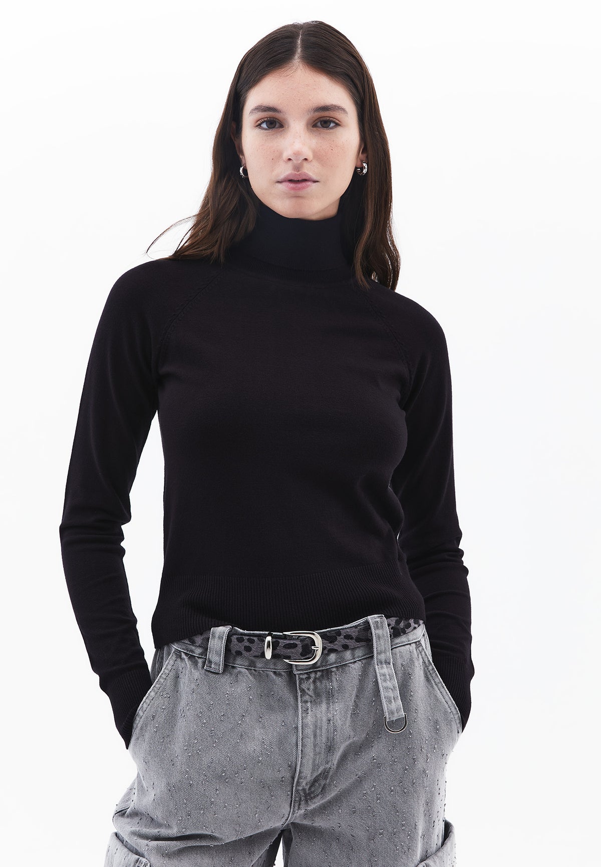 Turtleneck Raglan Sleeve Knitwear - BLACK
