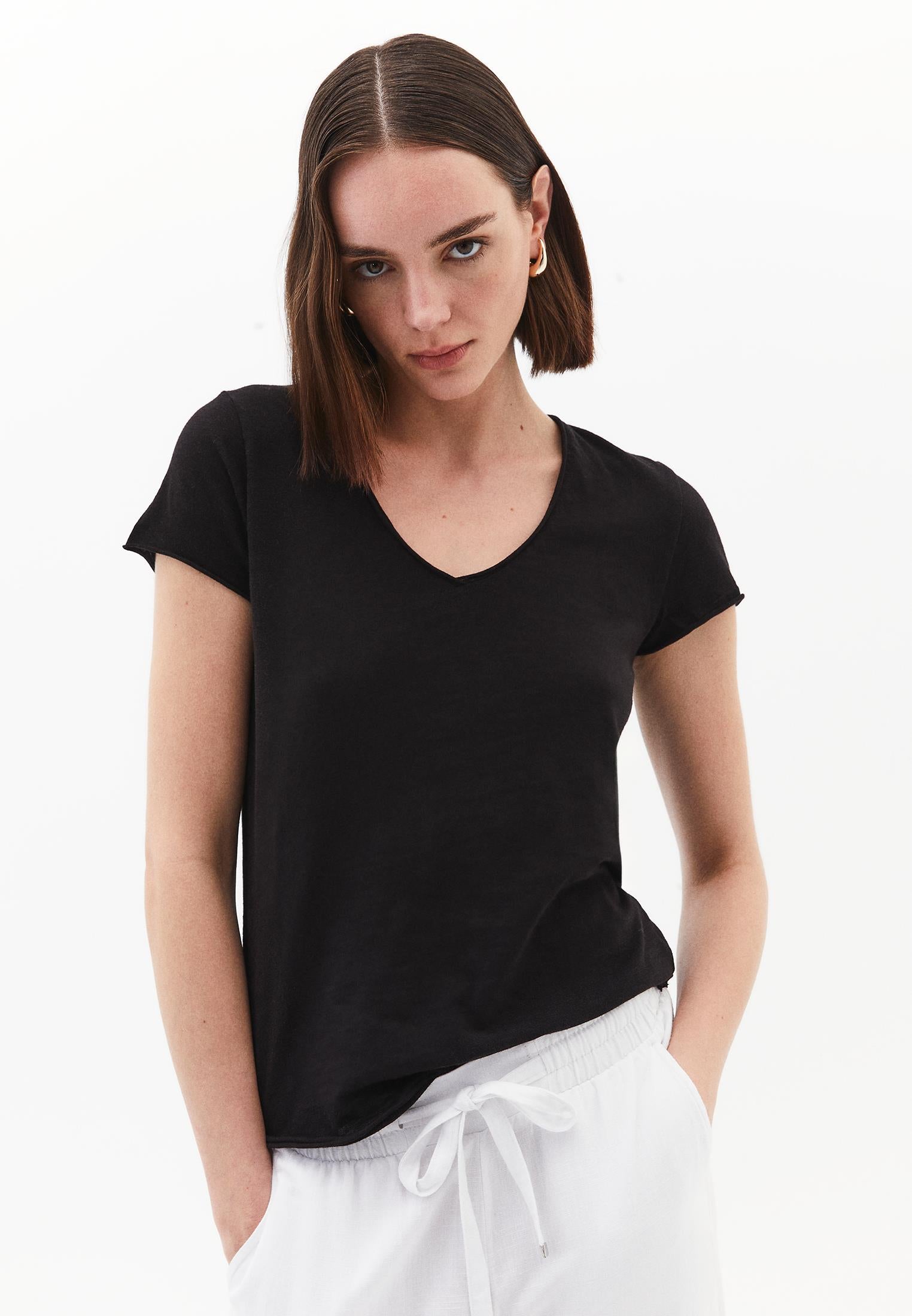 V Neck Short Sleeve Women's T-Shirt - BLACK