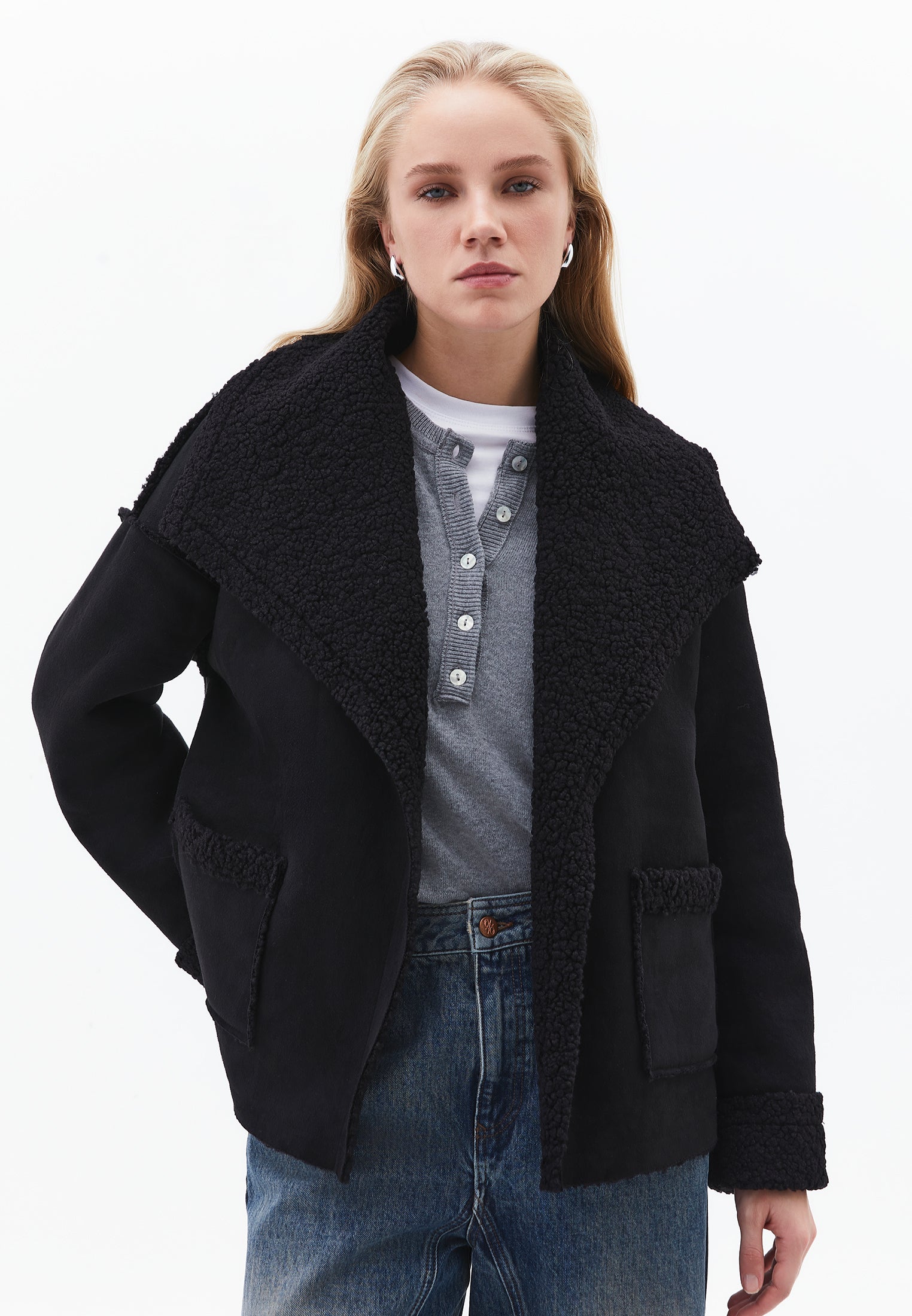 Shawl Collar Long Sleeve Bouclé Jacket - BLACK