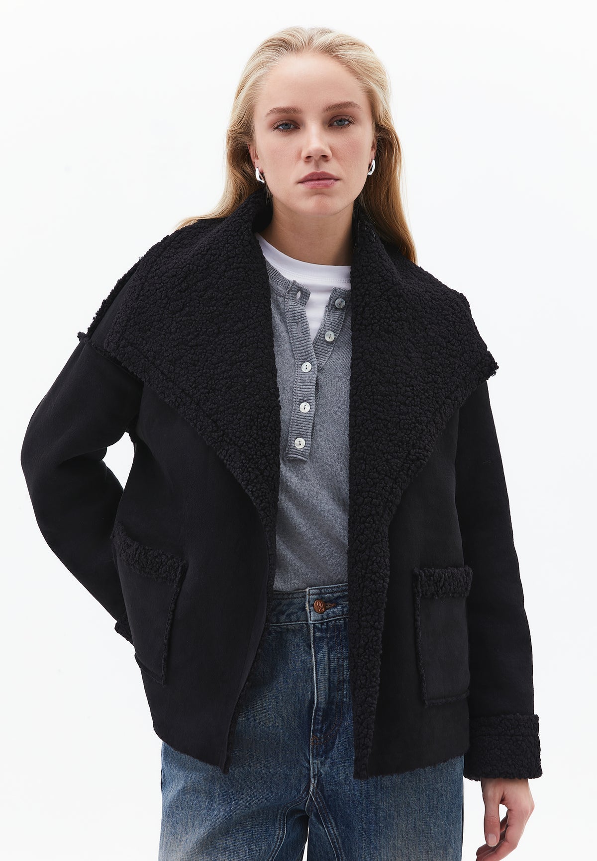 Shawl Collar Long Sleeve Bouclé Jacket - BLACK