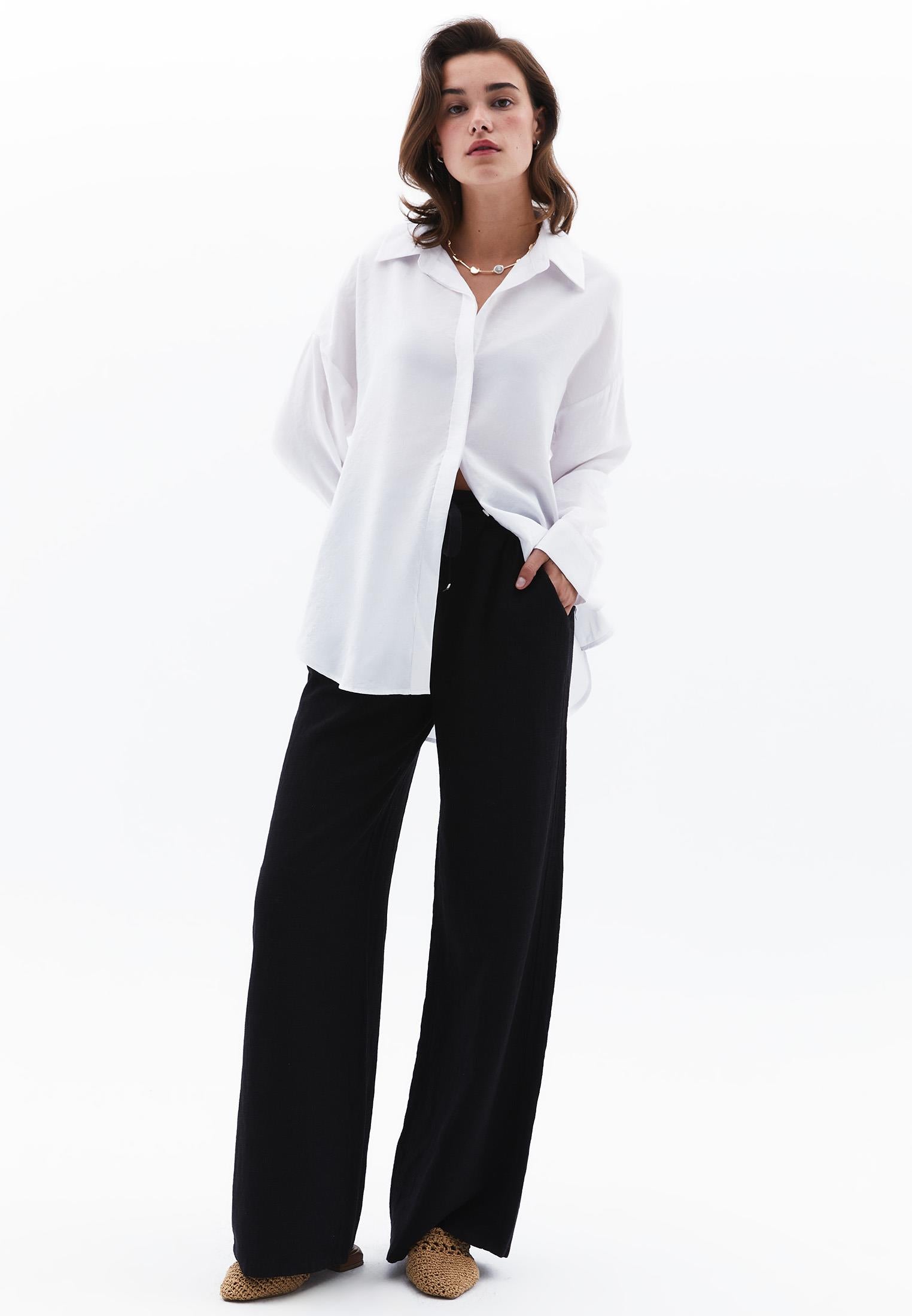 High Waist Wide Leg Elastic Waist Pants - BLACK